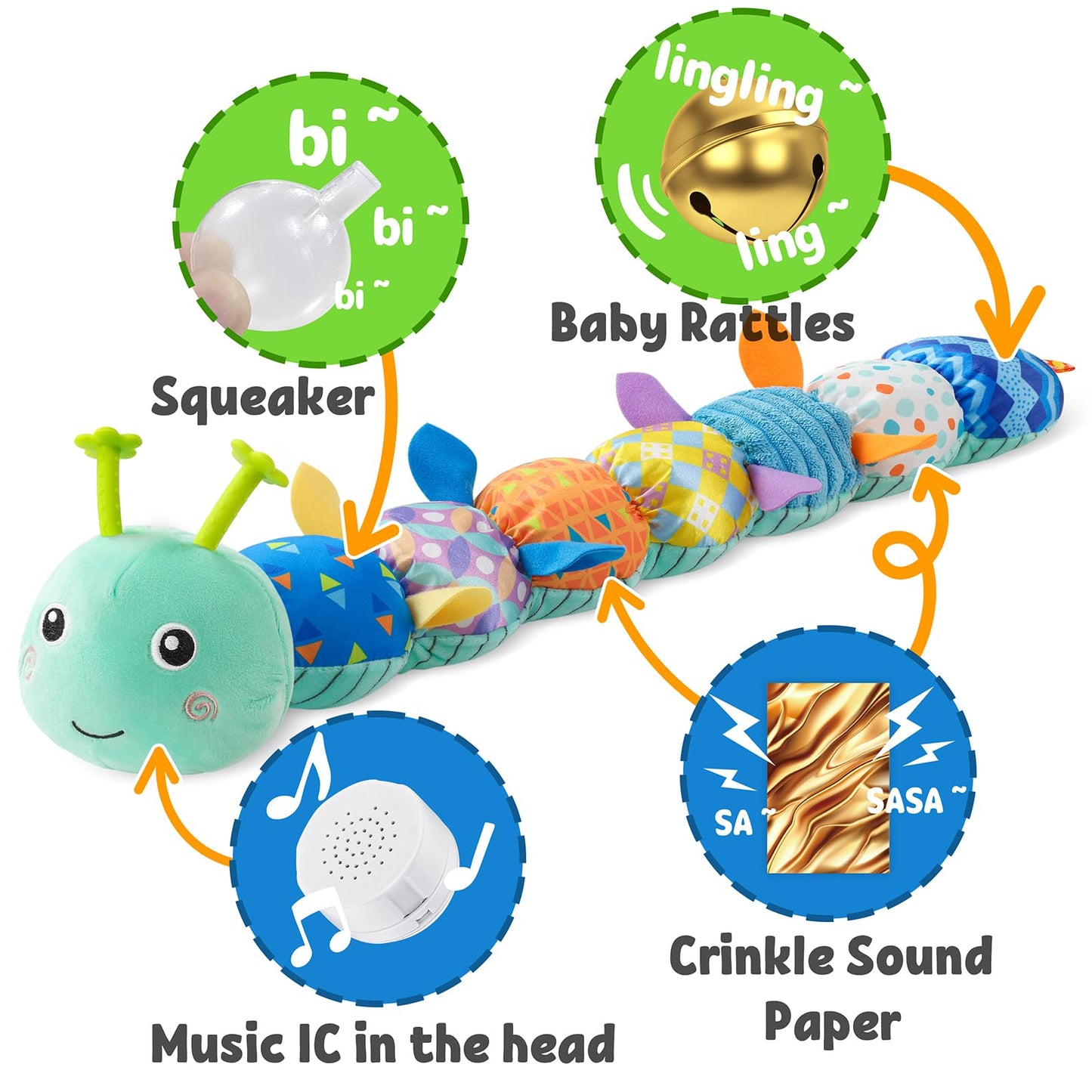 LIGHTDESIRE Baby Toys Musical Caterpillar – Soft Plush Sensory Toy for 0-12 Months (Blue)