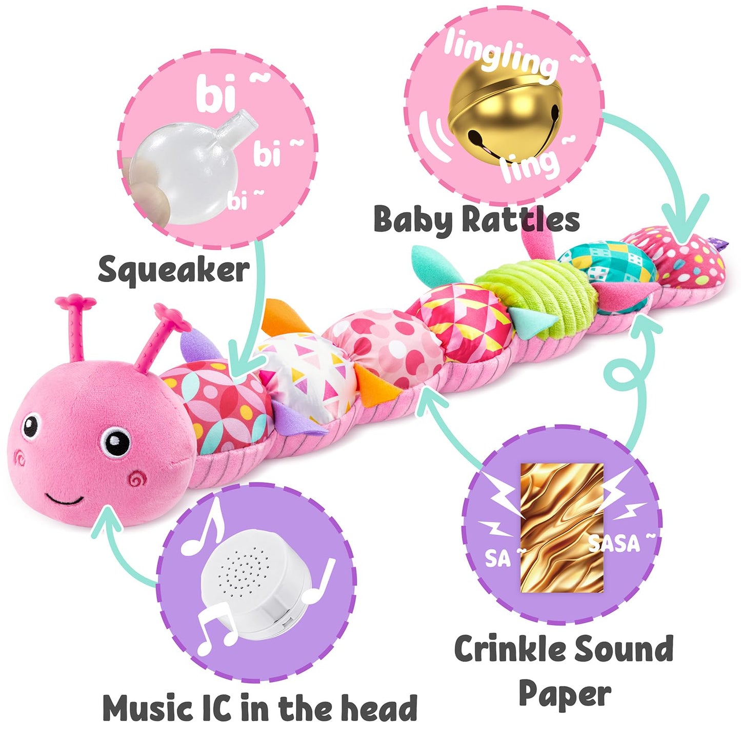 LIGHTDESIRE Baby Toys Musical Caterpillar – Plush Sensory Tummy Time Toy