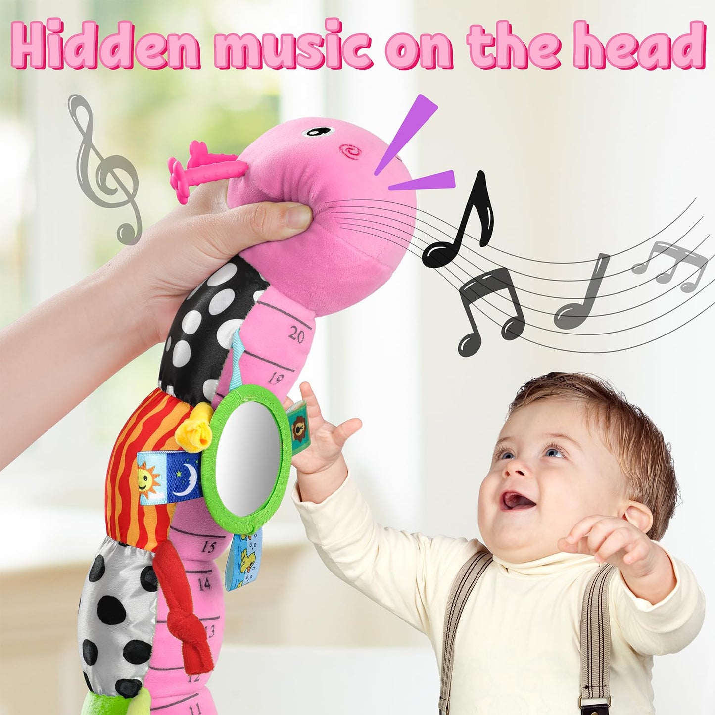 LIGHTDESIRE Baby Musical Caterpillar – Rose Pink Plush Sensory Toy for 0-12 Months, Knot Limb