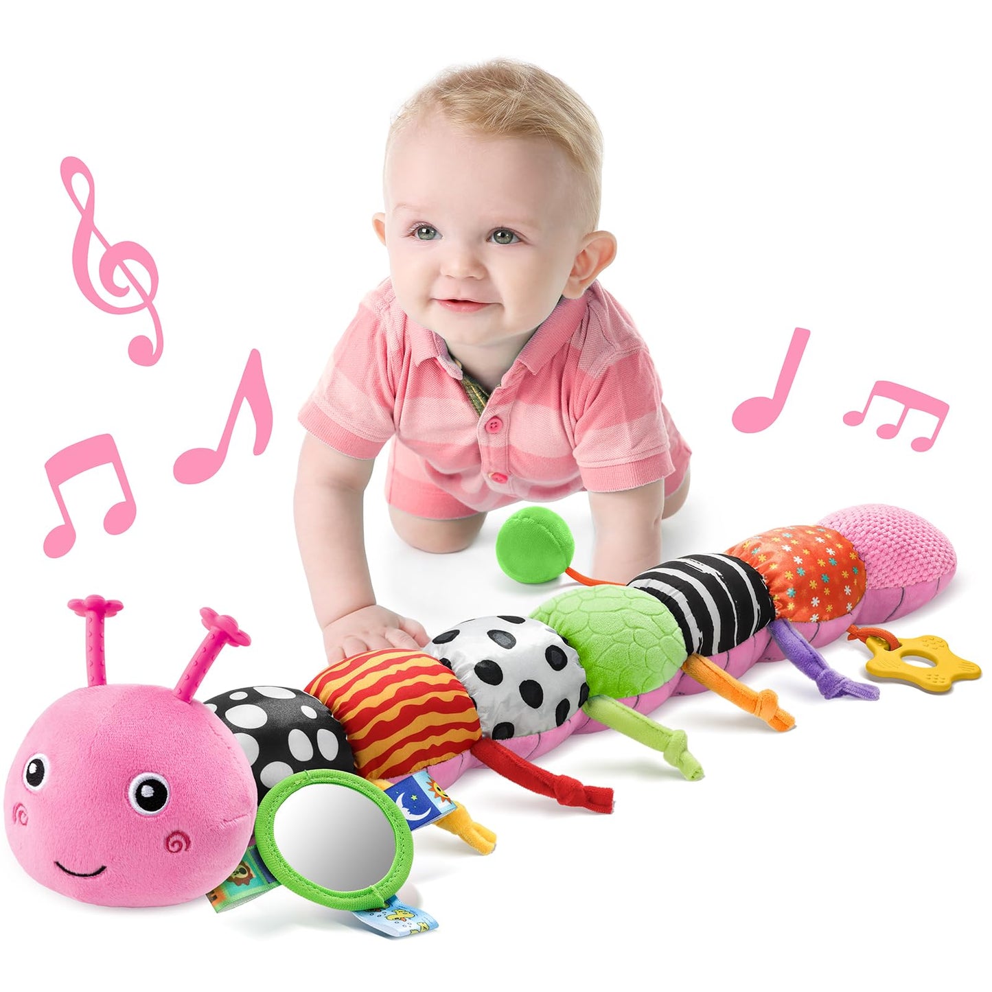LIGHTDESIRE Baby Musical Caterpillar – Rose Pink Plush Sensory Toy for 0-12 Months, Knot Limb