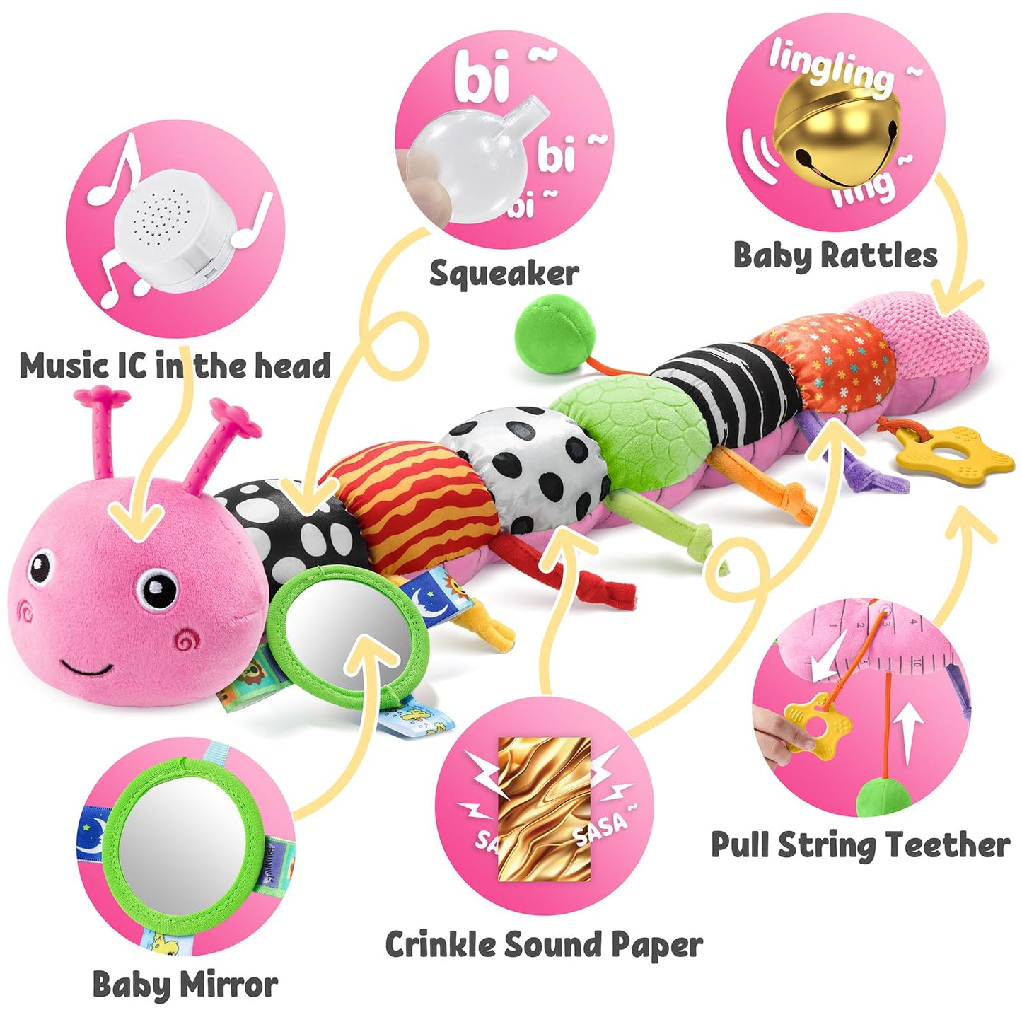LIGHTDESIRE Baby Musical Caterpillar – Rose Pink Plush Sensory Toy for 0-12 Months, Knot Limb