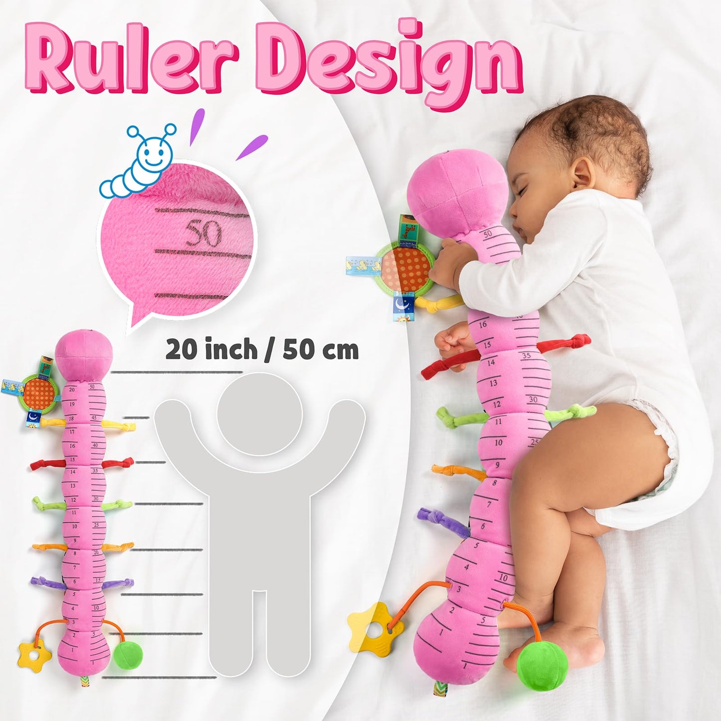LIGHTDESIRE Baby Musical Caterpillar – Rose Pink Plush Sensory Toy for 0-12 Months, Knot Limb