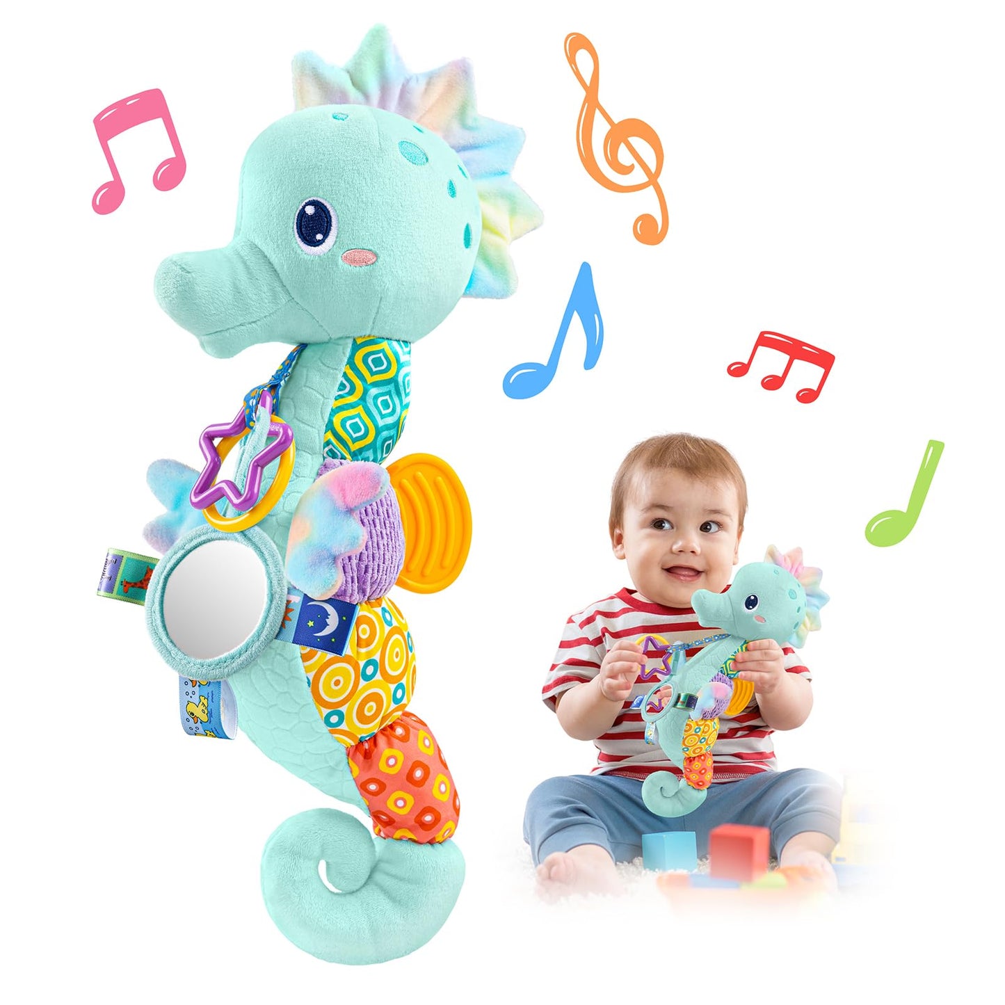 LIGHTDESIRE Baby Seahorse Toy — 6-in-1 Musical Plush (Ice Blue) for Tummy Time, Mirror, Crinkle, Rattle
