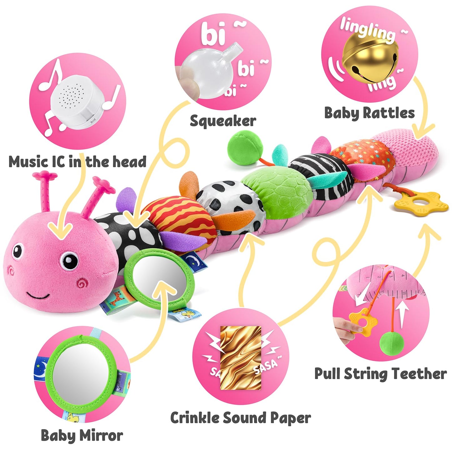 LIGHTDESIRE Baby Musical Caterpillar – Sensory Infant Toy with Mirror, Teether & 20-Inch Ruler