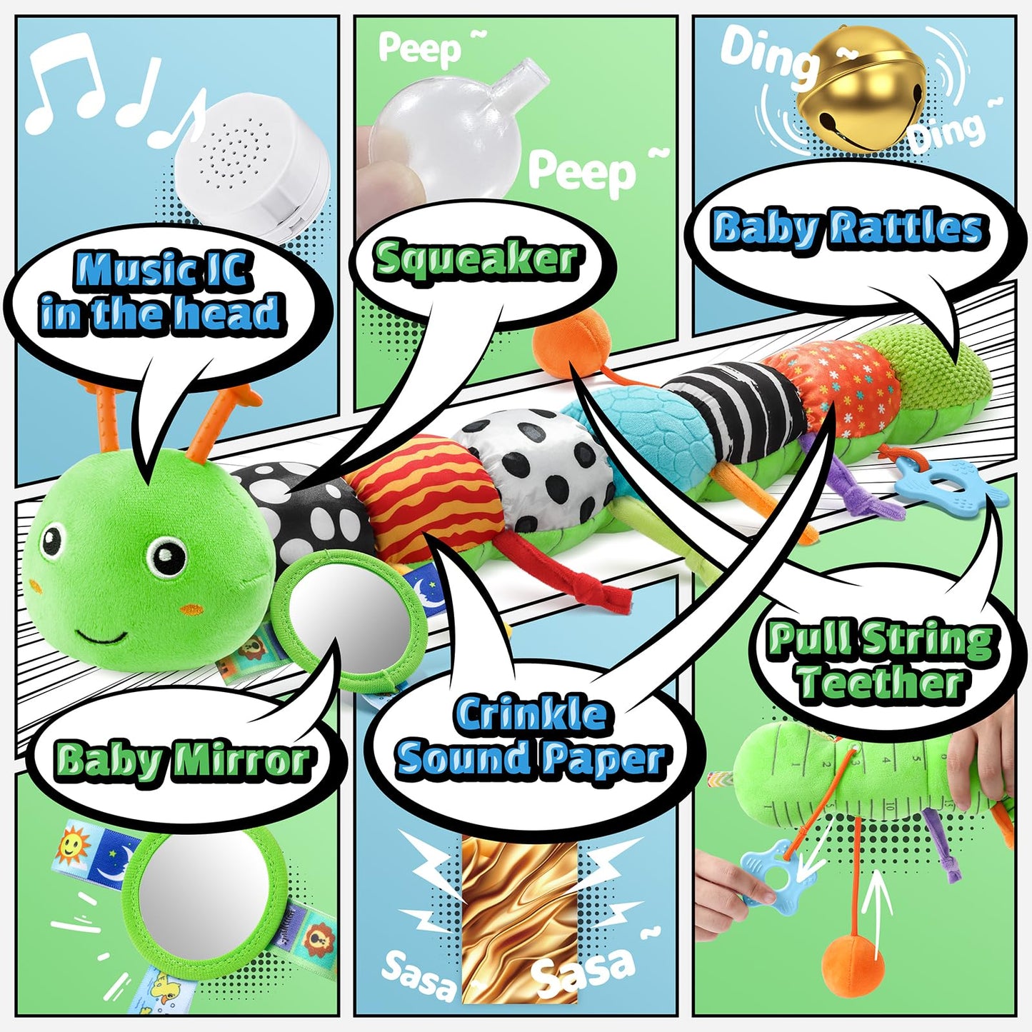 LIGHTDESIRE Musical Caterpillar Baby Toy - 8-in-1 Sensory Toy for 3-12 Months, Lime Green