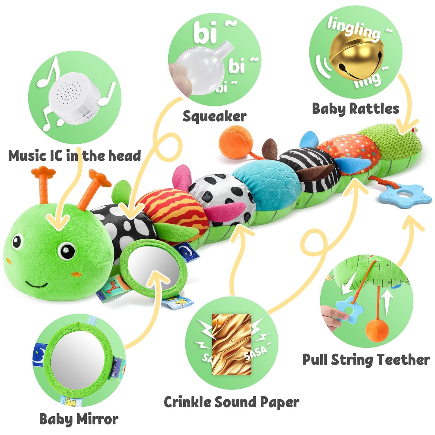 LIGHTDESIRE Baby Musical Caterpillar – Tummy Time Toy with Mirror, Ruler & Teether (0-12 Months)