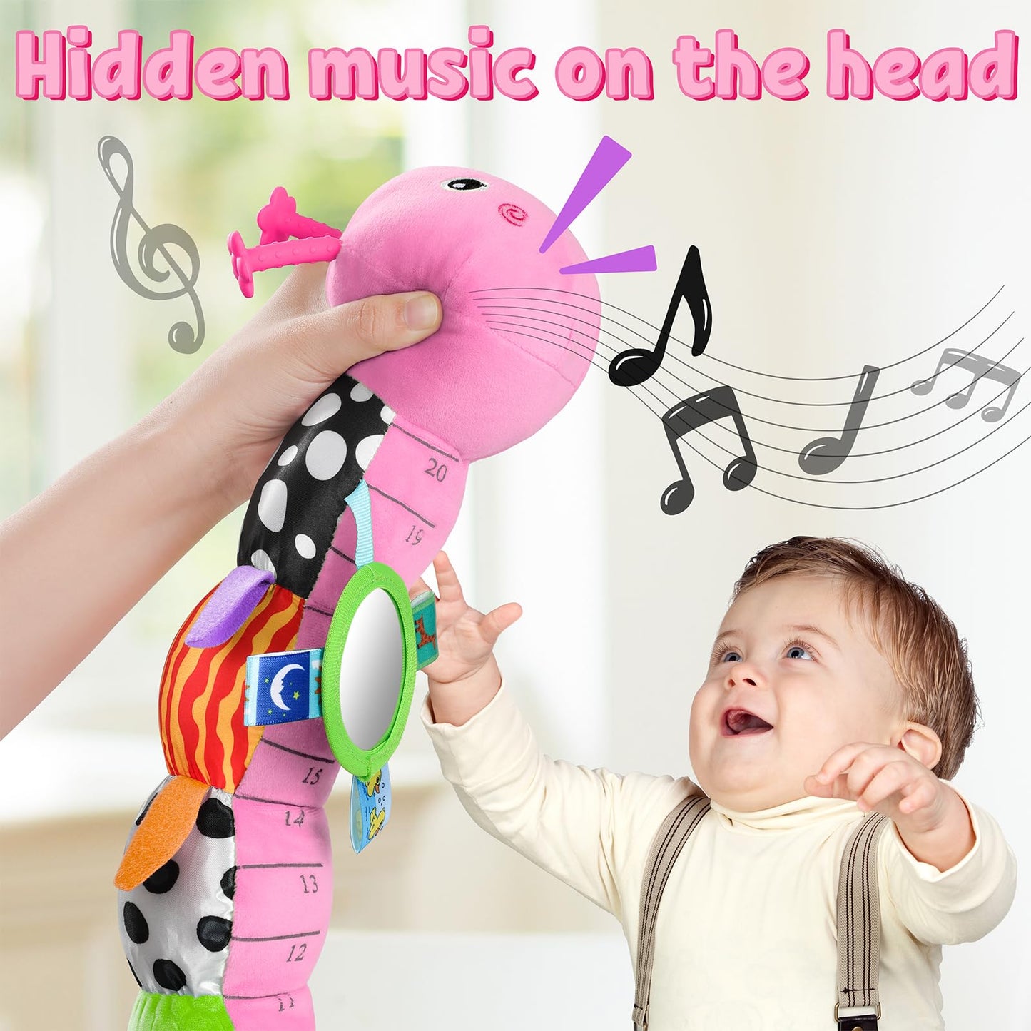 LIGHTDESIRE Baby Musical Caterpillar – Sensory Infant Toy with Mirror, Teether & 20-Inch Ruler