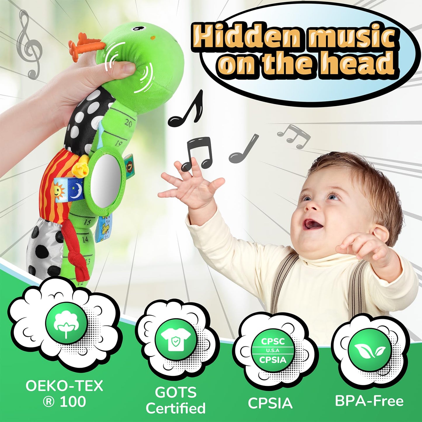 LIGHTDESIRE Musical Caterpillar Baby Toy - 8-in-1 Sensory Toy for 3-12 Months, Lime Green