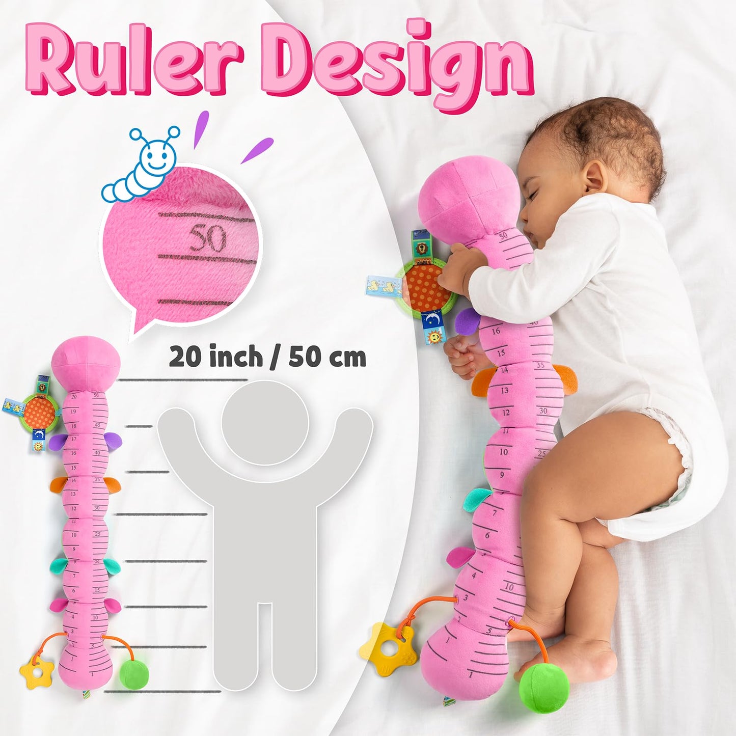 LIGHTDESIRE Baby Musical Caterpillar – Sensory Infant Toy with Mirror, Teether & 20-Inch Ruler