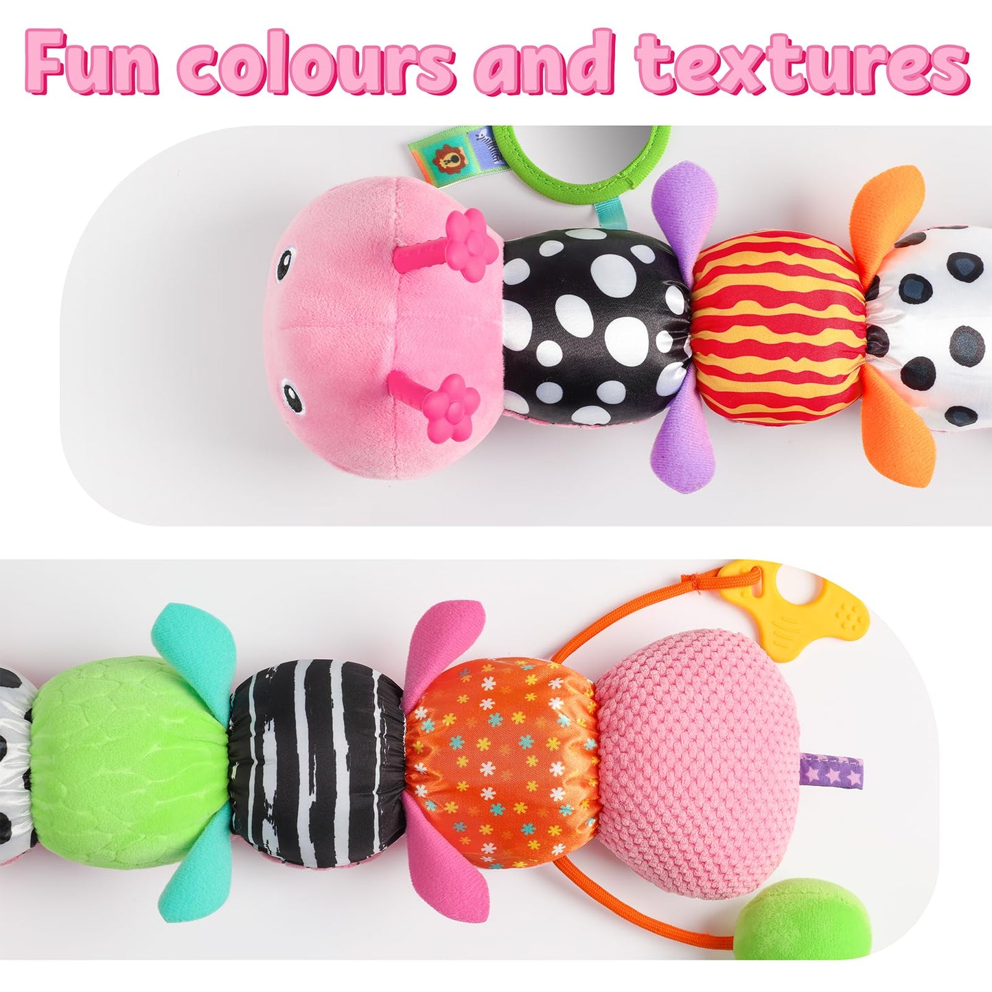 LIGHTDESIRE Baby Musical Caterpillar – Sensory Infant Toy with Mirror, Teether & 20-Inch Ruler