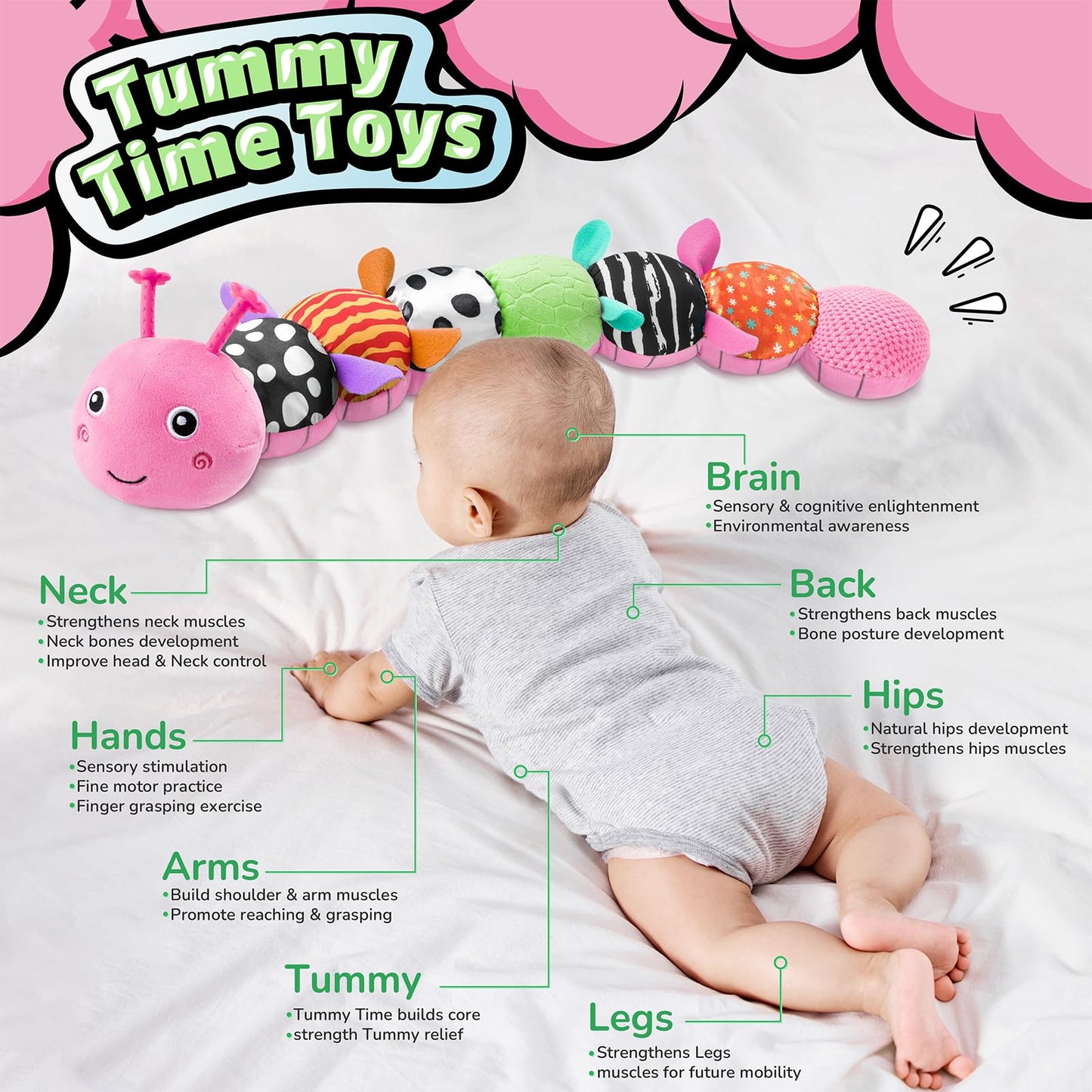 LIGHTDESIRE Baby Toys Musical Caterpillar – 6-in-1 Sensory Teether for Tummy Time (Pink)