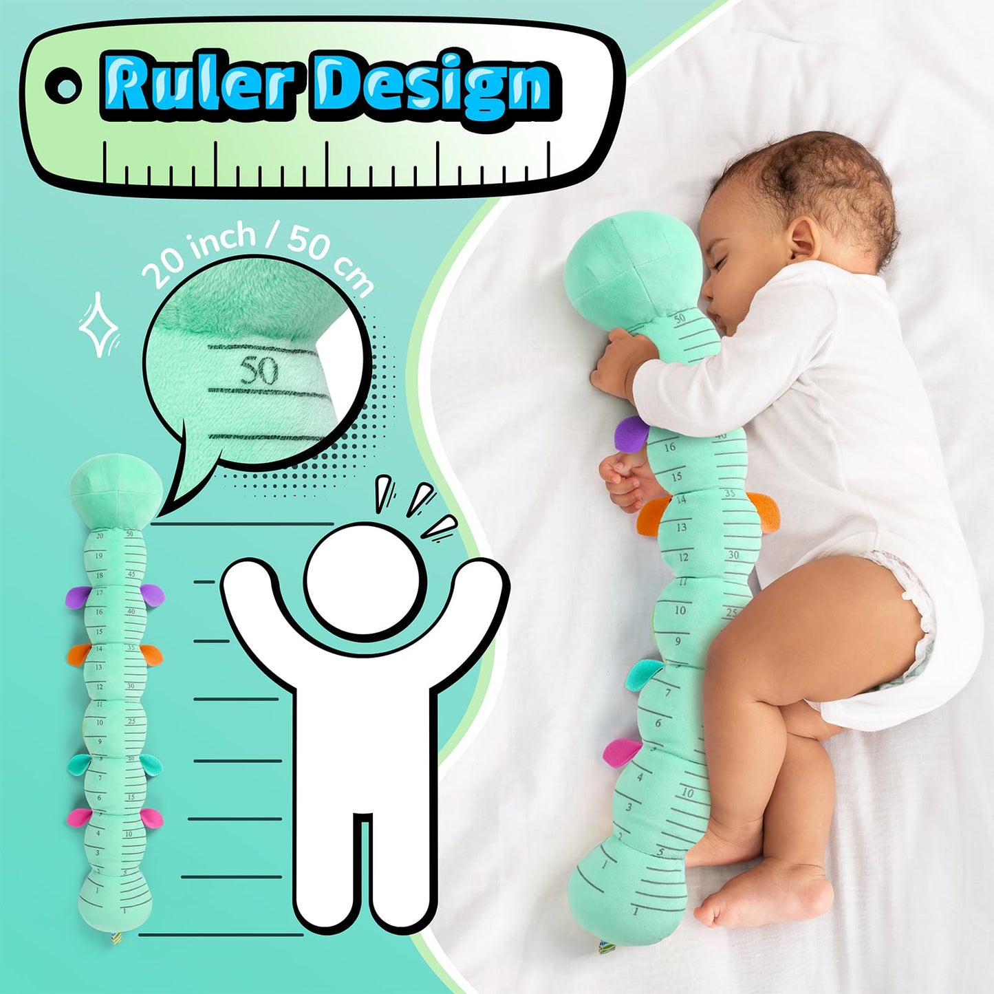 LIGHTDESIRE Baby Toys 6-12 Months Musical Caterpillar – 6-in-1 Sensory Toy with Ruler Belly, Crinkle & Bell (Blue)