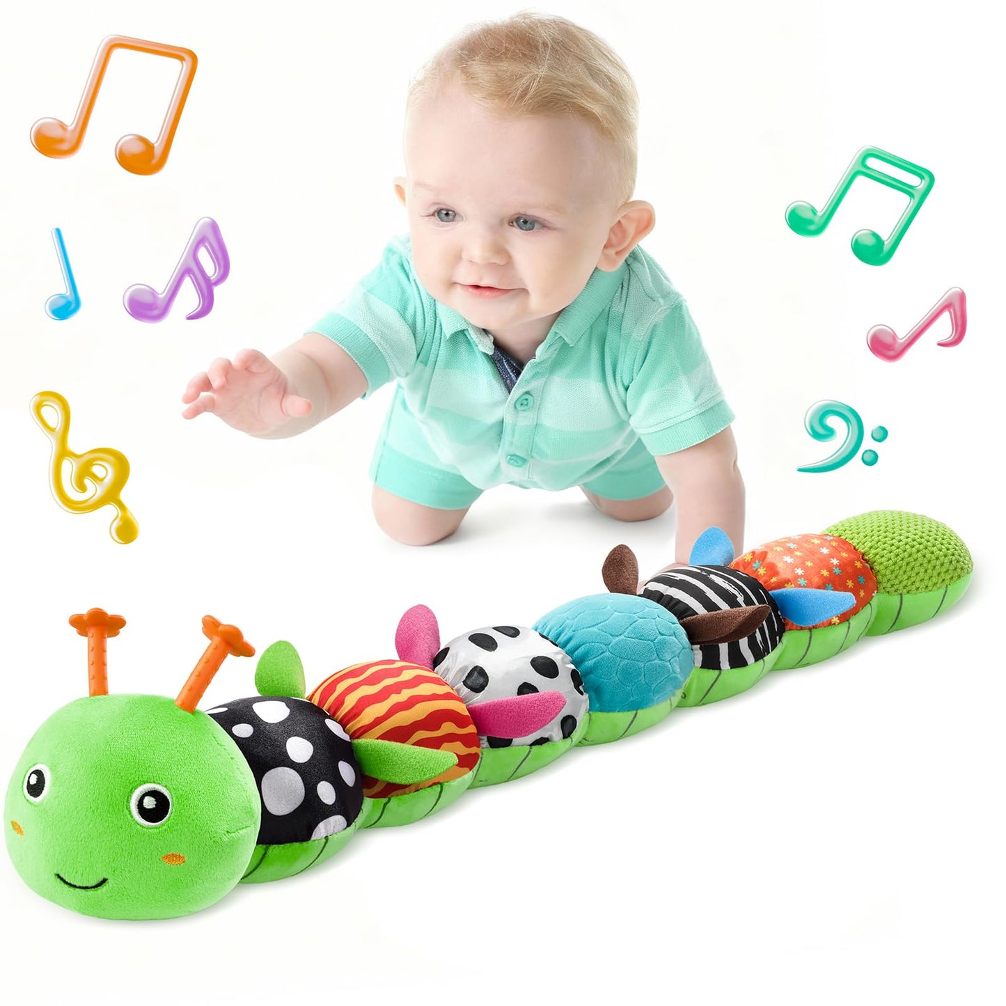 LIGHTDESIRE Baby Toys 6-12 Months Musical Caterpillar – 6-in-1 Sensory Plush Toy with Ruler, Crinkle & Ring Bell