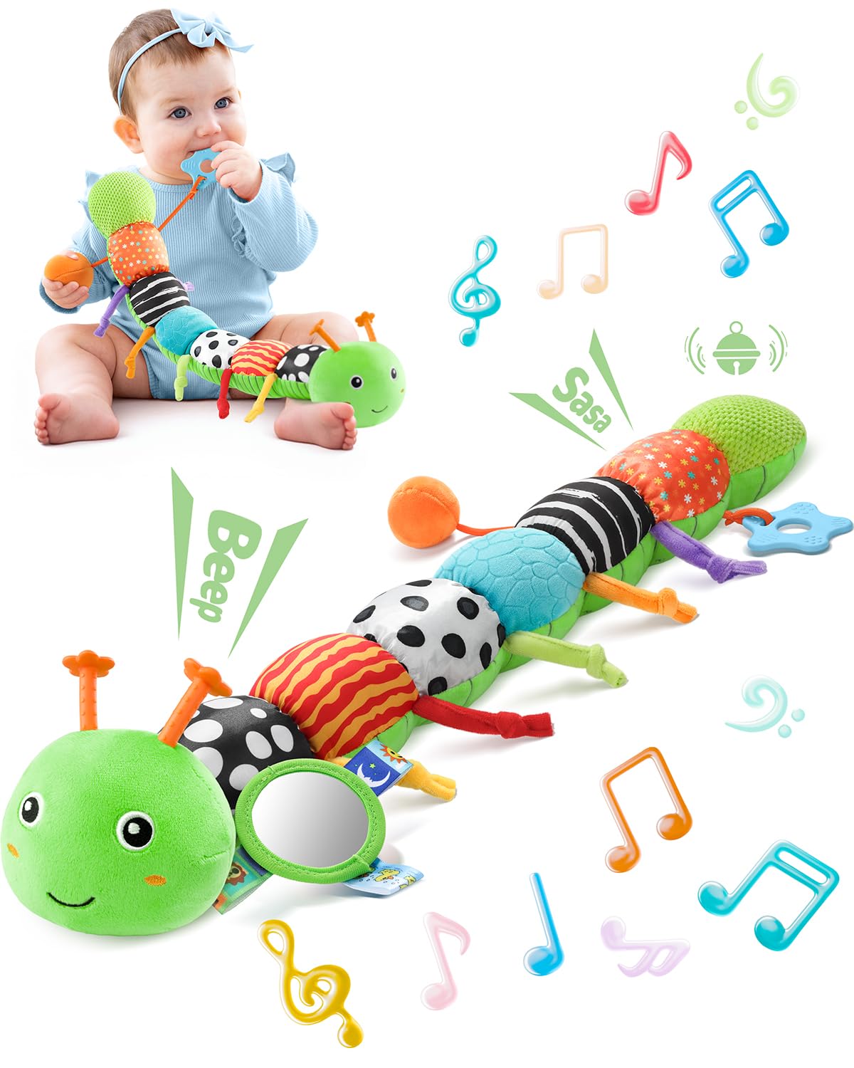 LIGHTDESIRE Musical Caterpillar Baby Toy - 8-in-1 Sensory Toy for 3-12 Months, Lime Green