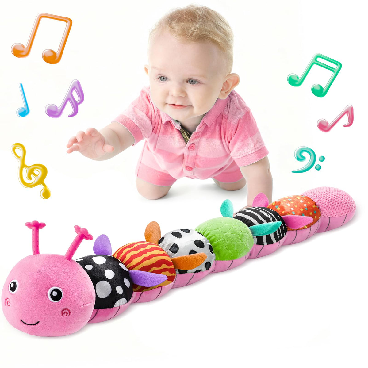 LIGHTDESIRE Baby Toys Musical Caterpillar – 6-in-1 Sensory Teether for Tummy Time (Pink)