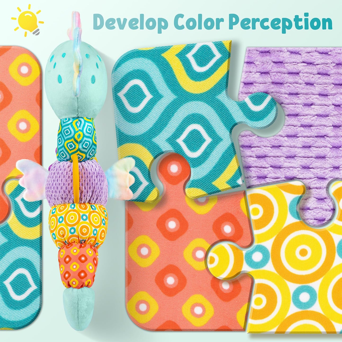 LIGHTDESIRE Baby Seahorse Toy — 6-in-1 Musical Plush (Ice Blue) for Tummy Time, Mirror, Crinkle, Rattle