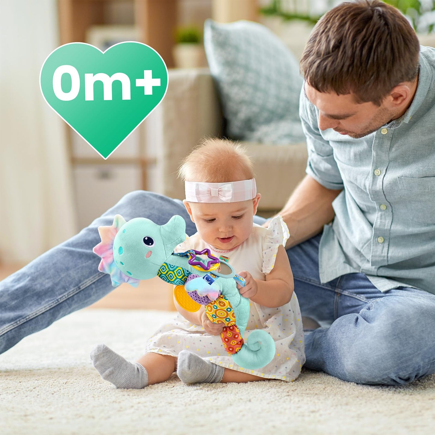 LIGHTDESIRE Baby Seahorse Toy — 6-in-1 Musical Plush (Ice Blue) for Tummy Time, Mirror, Crinkle, Rattle