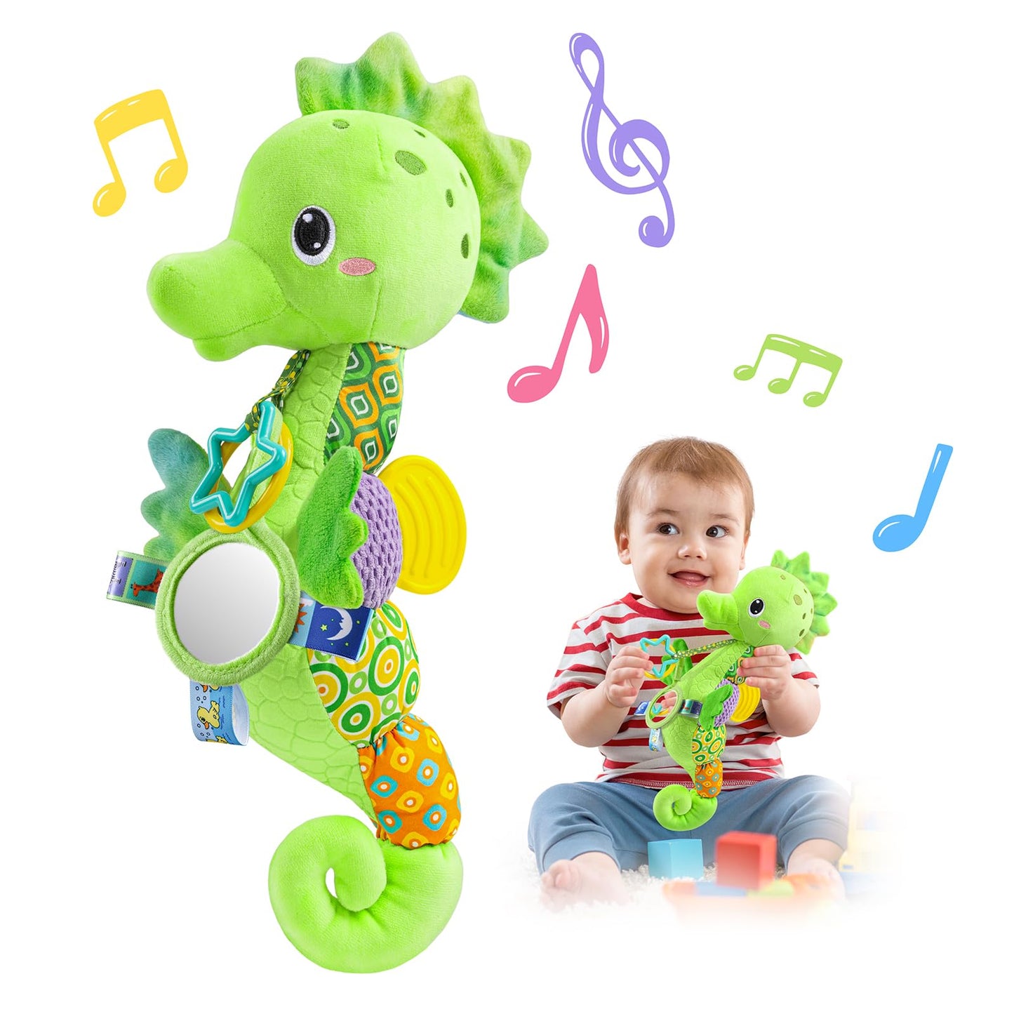 LIGHTDESIRE Musical Seahorse Baby Toy – 6-in-1 Sensory Plush for Tummy Time (Lime Green)