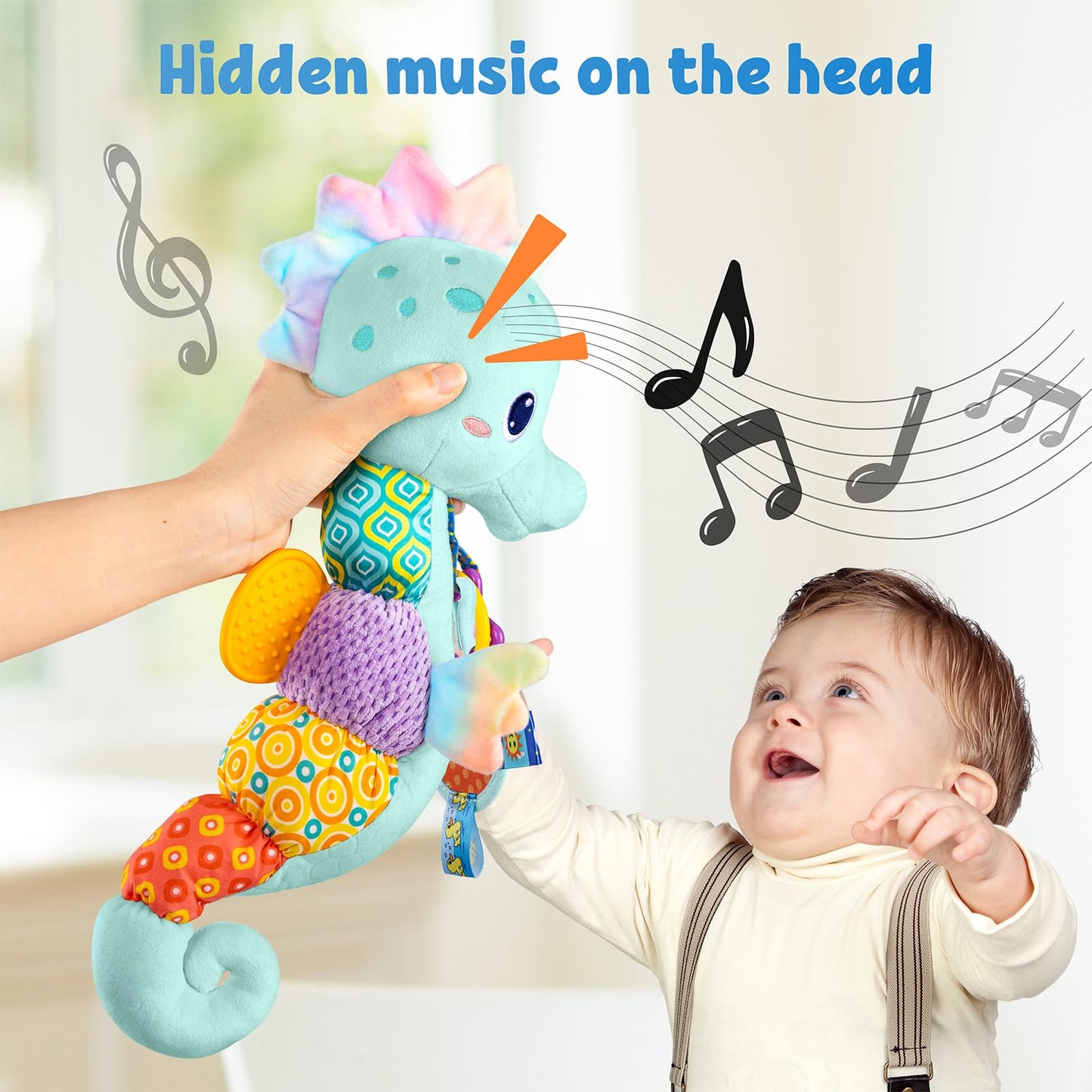 LIGHTDESIRE Baby Seahorse Toy — 6-in-1 Musical Plush (Ice Blue) for Tummy Time, Mirror, Crinkle, Rattle