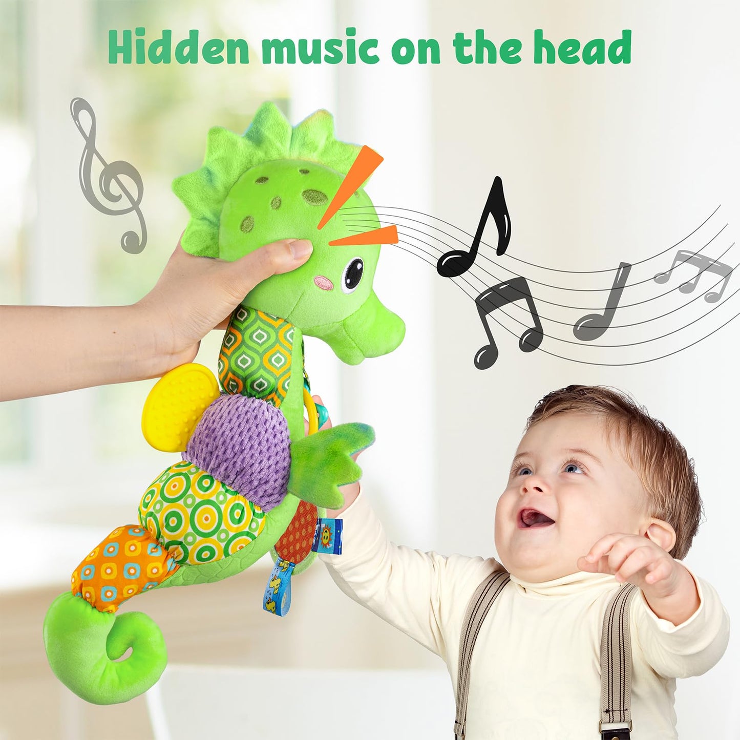 LIGHTDESIRE Musical Seahorse Baby Toy – 6-in-1 Sensory Plush for Tummy Time (Lime Green)