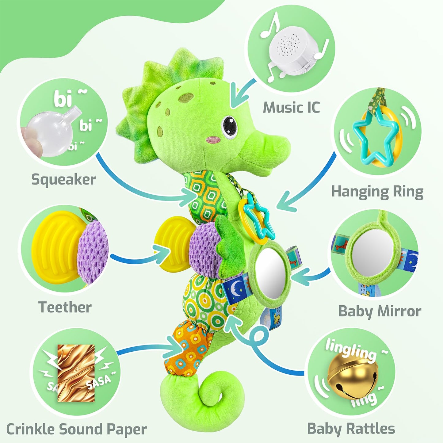 LIGHTDESIRE Musical Seahorse Baby Toy – 6-in-1 Sensory Plush for Tummy Time (Lime Green)