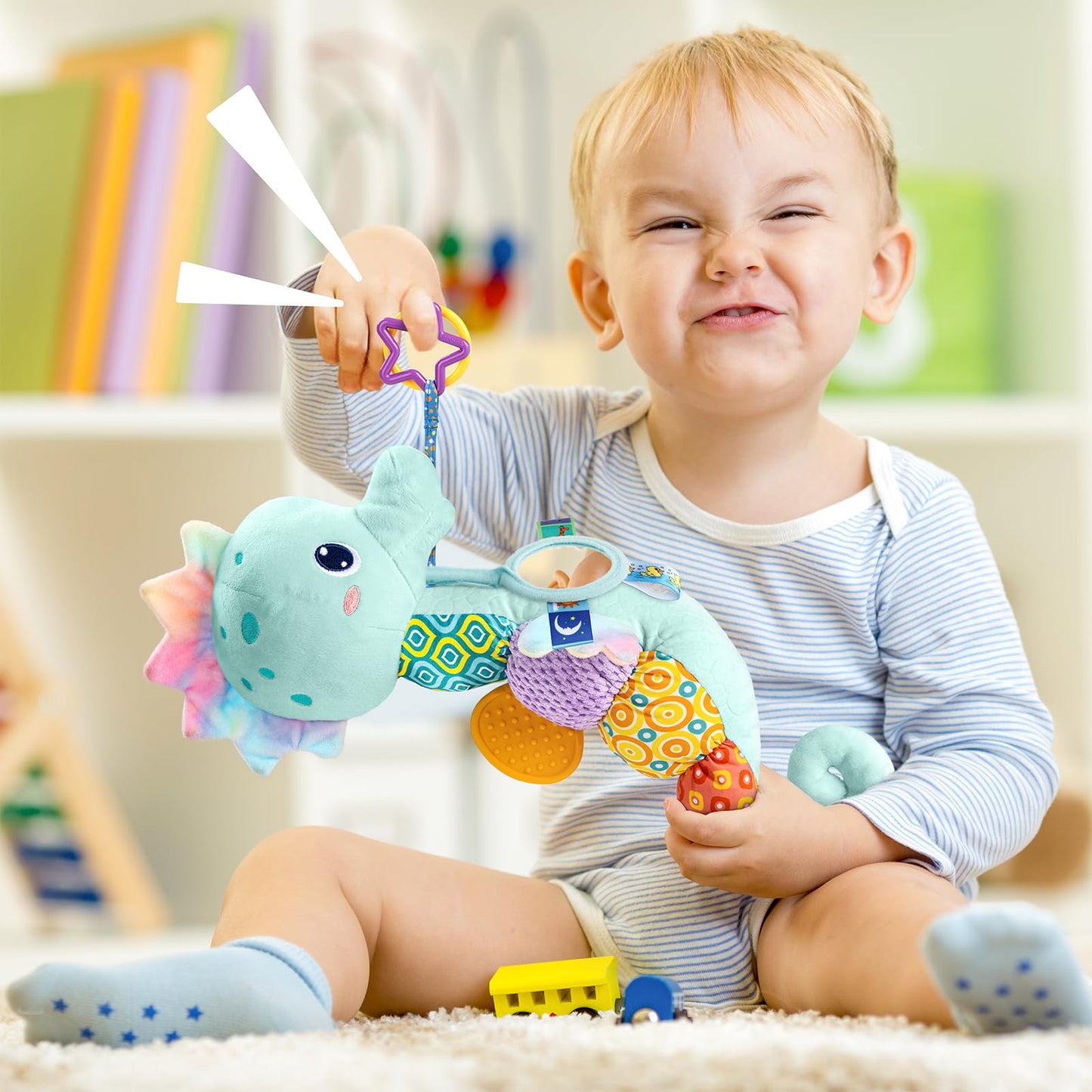 LIGHTDESIRE Baby Seahorse Toy — 6-in-1 Musical Plush (Ice Blue) for Tummy Time, Mirror, Crinkle, Rattle
