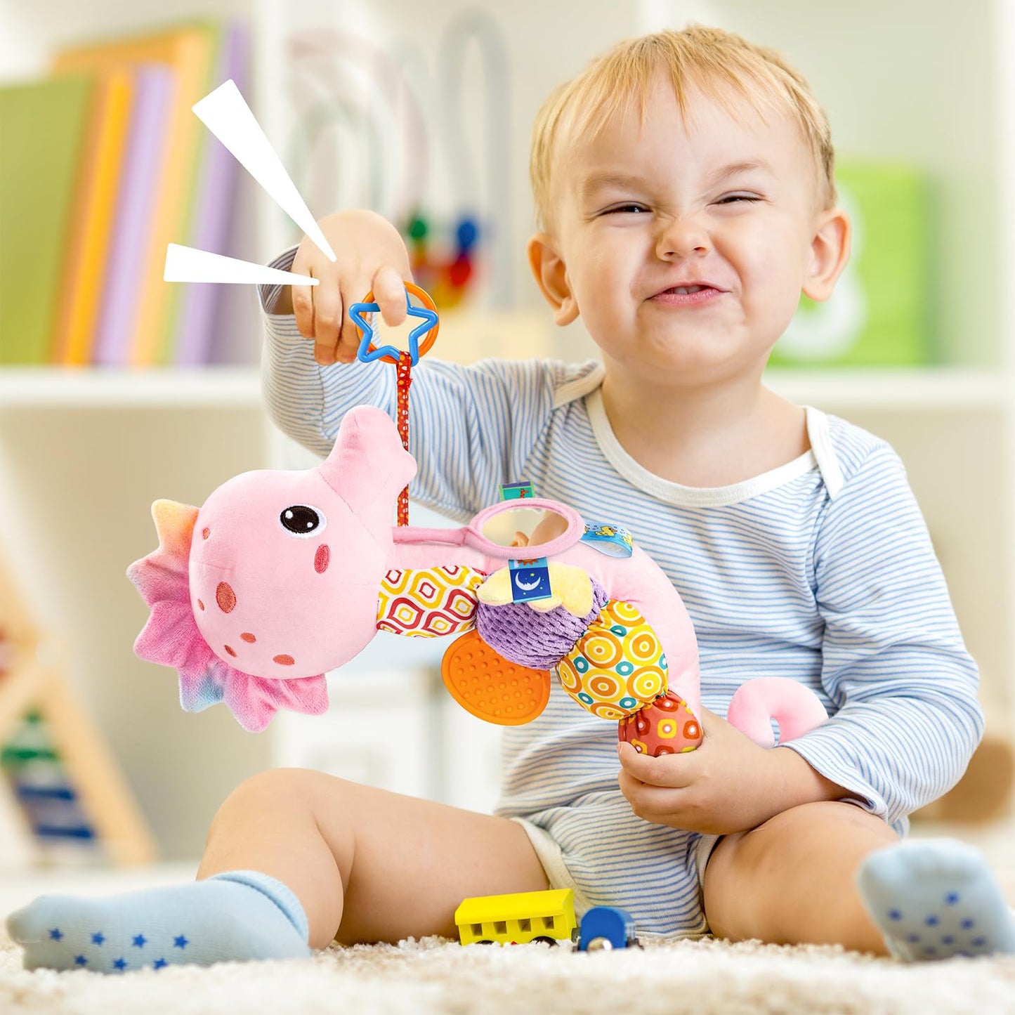 LIGHTDESIRE Musical Seahorse Baby Toy – Mirror, Rattle, Crinkle, Teether (0-12 Months, Rose Pink)