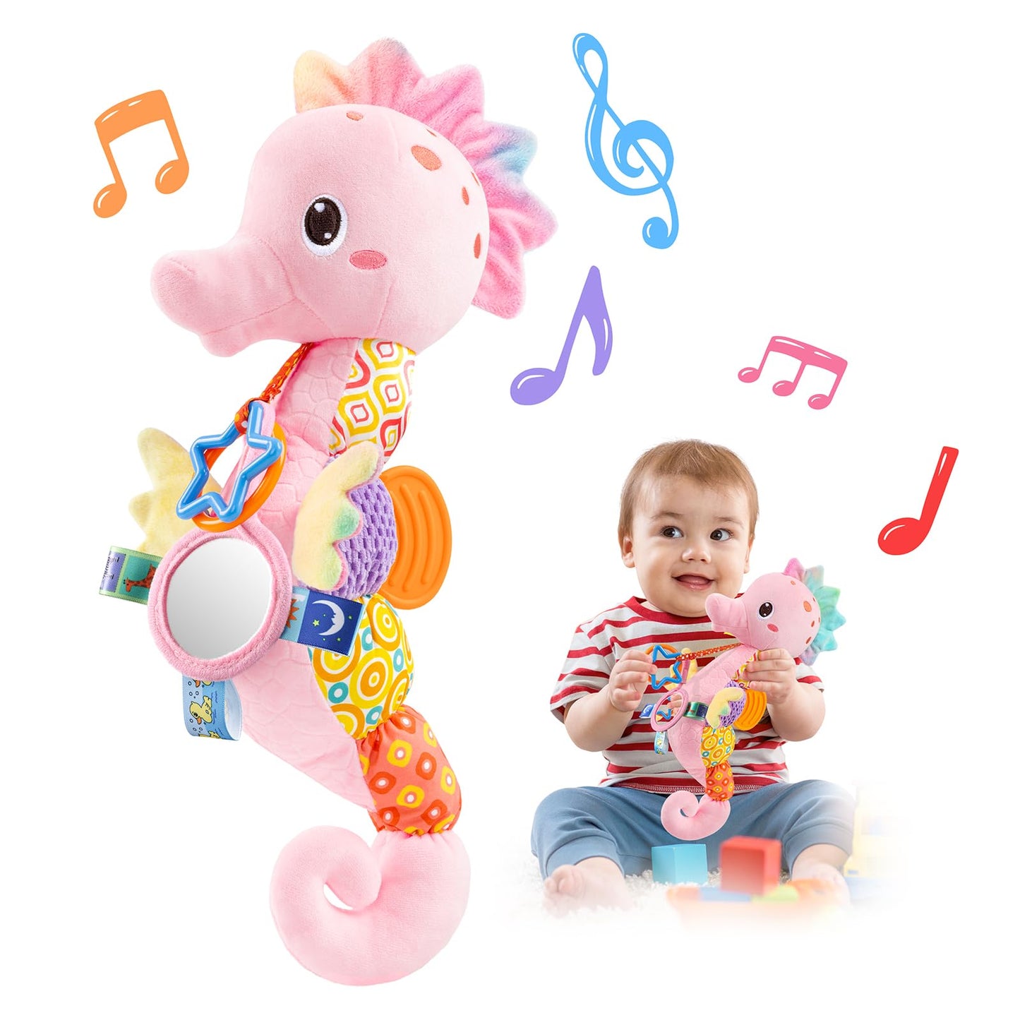 LIGHTDESIRE Musical Seahorse Baby Toy – Mirror, Rattle, Crinkle, Teether (0-12 Months, Rose Pink)