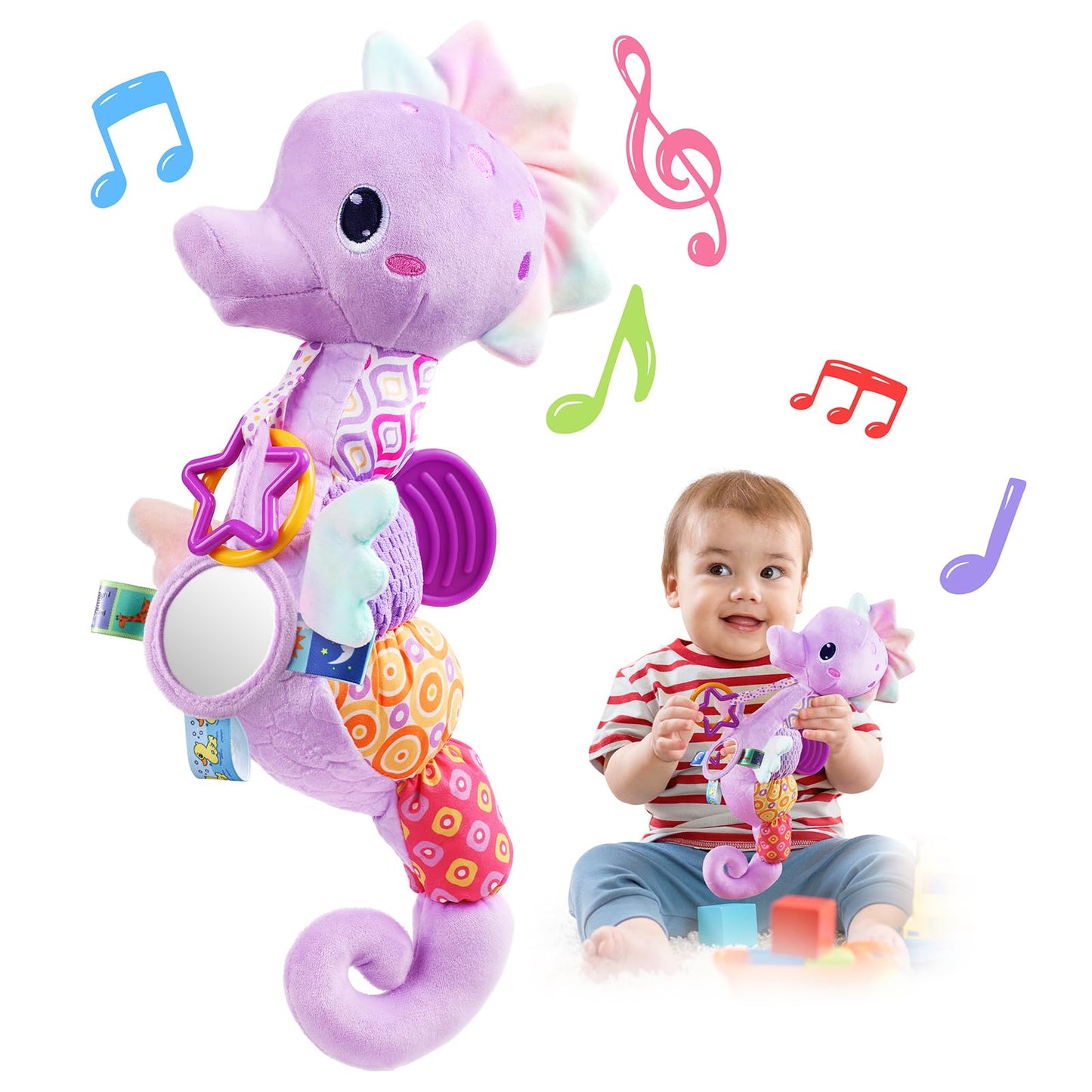 LIGHTDESIRE Musical Seahorse Baby Toy – 6-in-1 Sensory Plush for 0-12 Months (Lavender Purple)