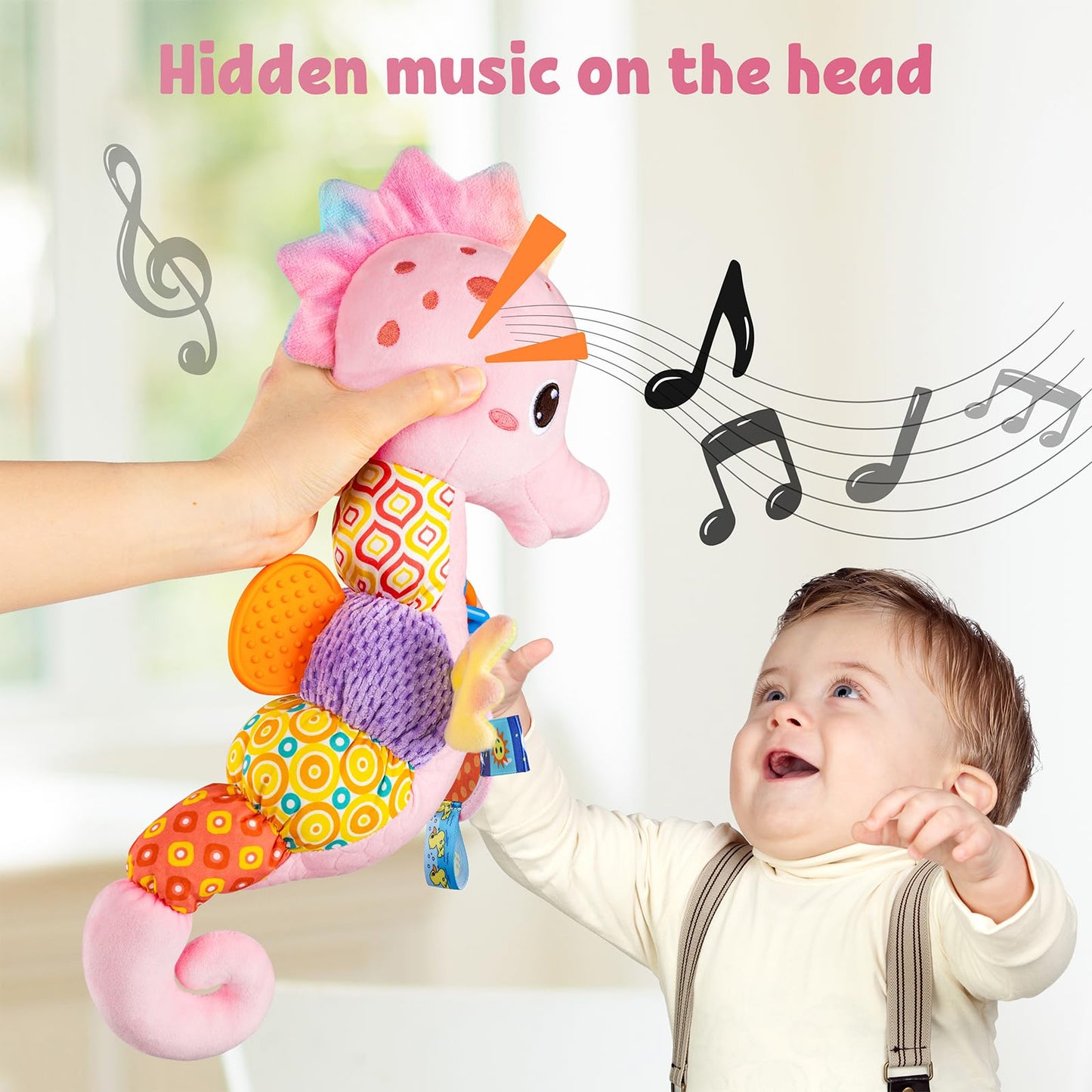 LIGHTDESIRE Musical Seahorse Baby Toy – Mirror, Rattle, Crinkle, Teether (0-12 Months, Rose Pink)