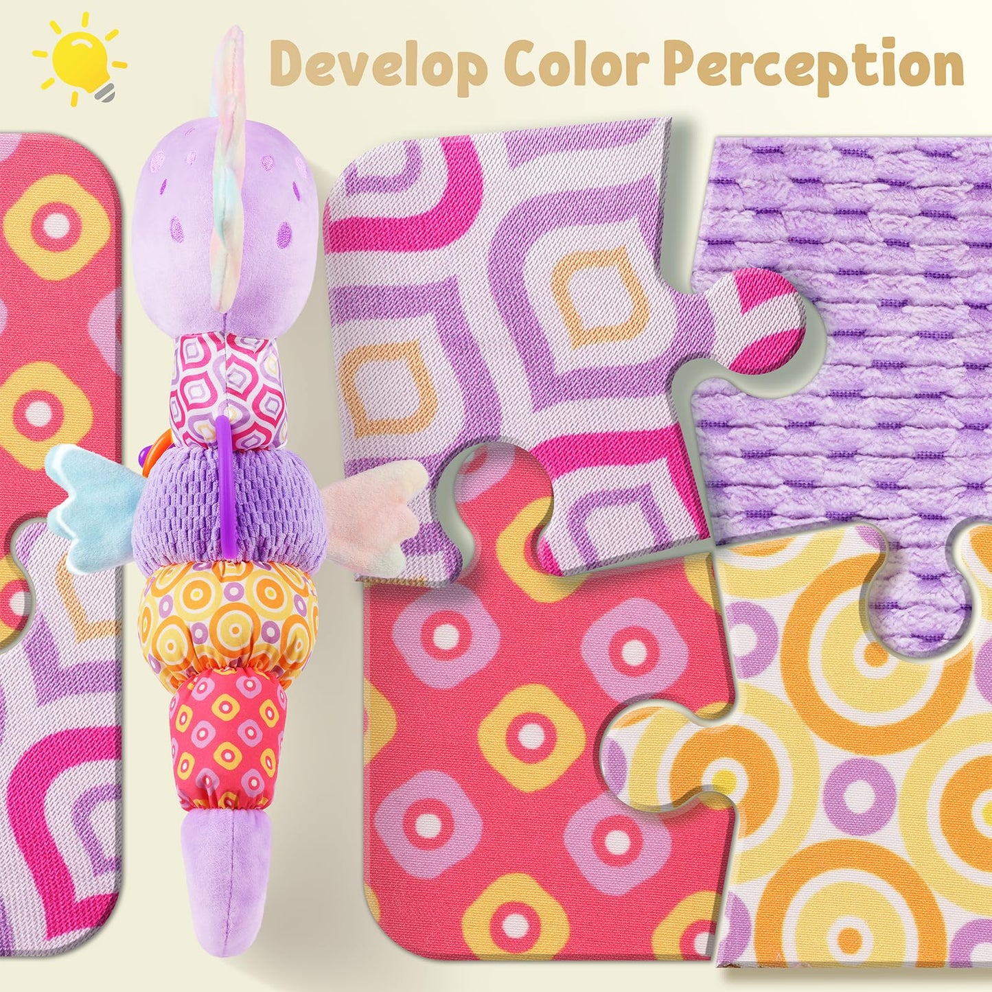 LIGHTDESIRE Musical Seahorse Baby Toy – 6-in-1 Sensory Plush for 0-12 Months (Lavender Purple)