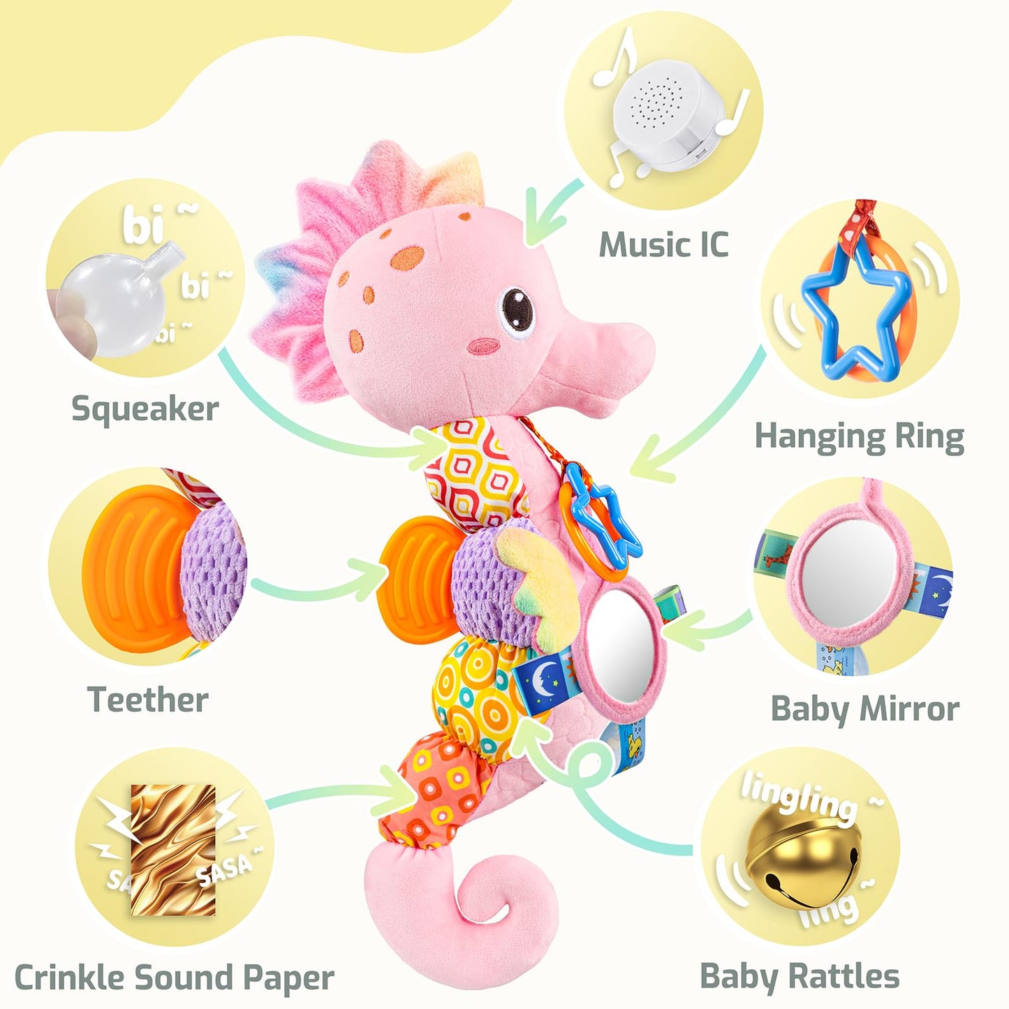 LIGHTDESIRE Musical Seahorse Baby Toy – Mirror, Rattle, Crinkle, Teether (0-12 Months, Rose Pink)