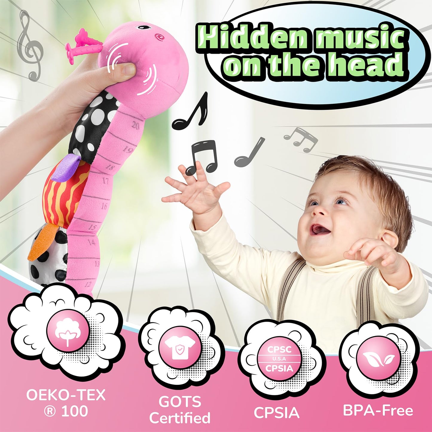 LIGHTDESIRE Baby Toys Musical Caterpillar – 6-in-1 Sensory Teether for Tummy Time (Pink)
