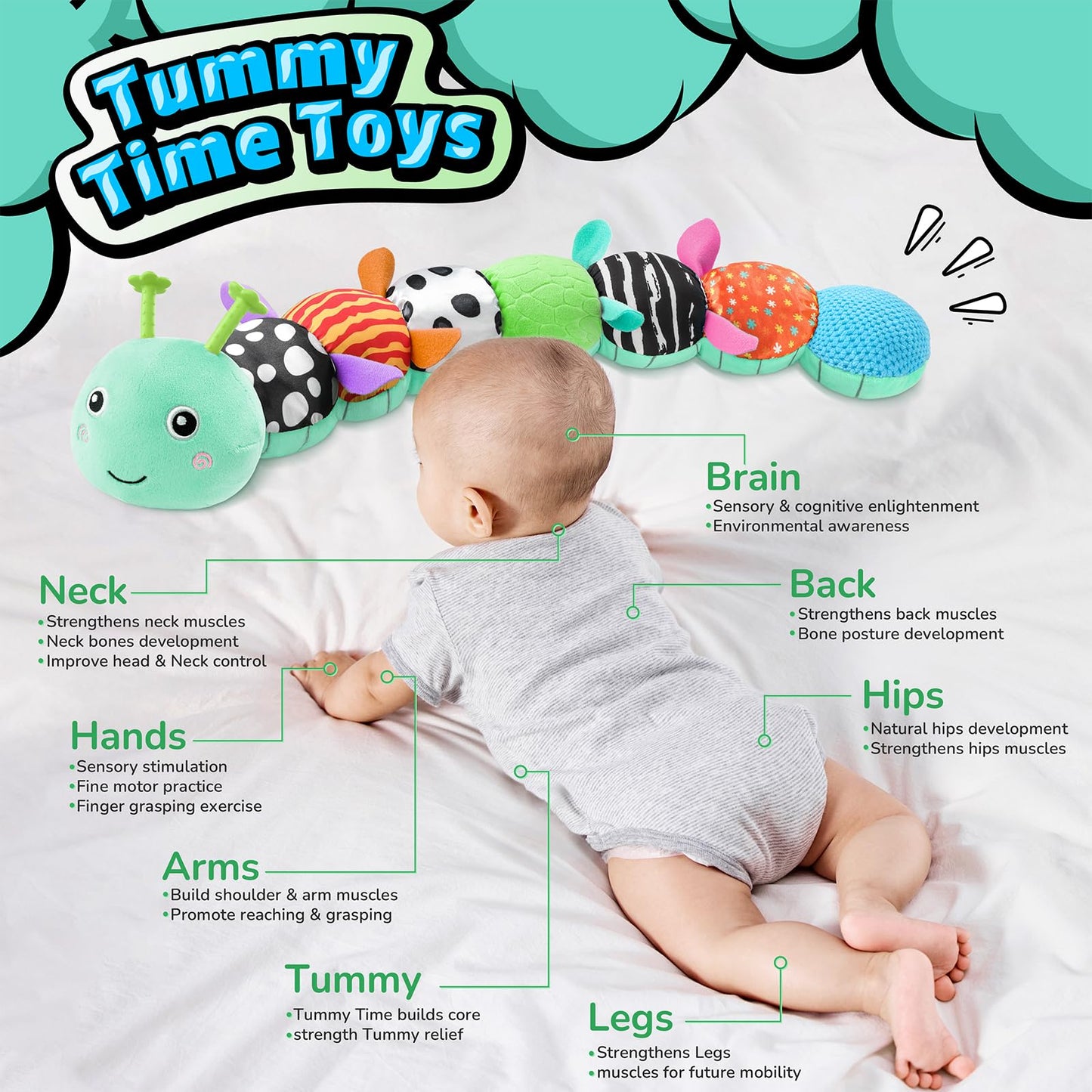 LIGHTDESIRE Baby Toys 6-12 Months Musical Caterpillar – 6-in-1 Sensory Toy with Ruler Belly, Crinkle & Bell (Blue)