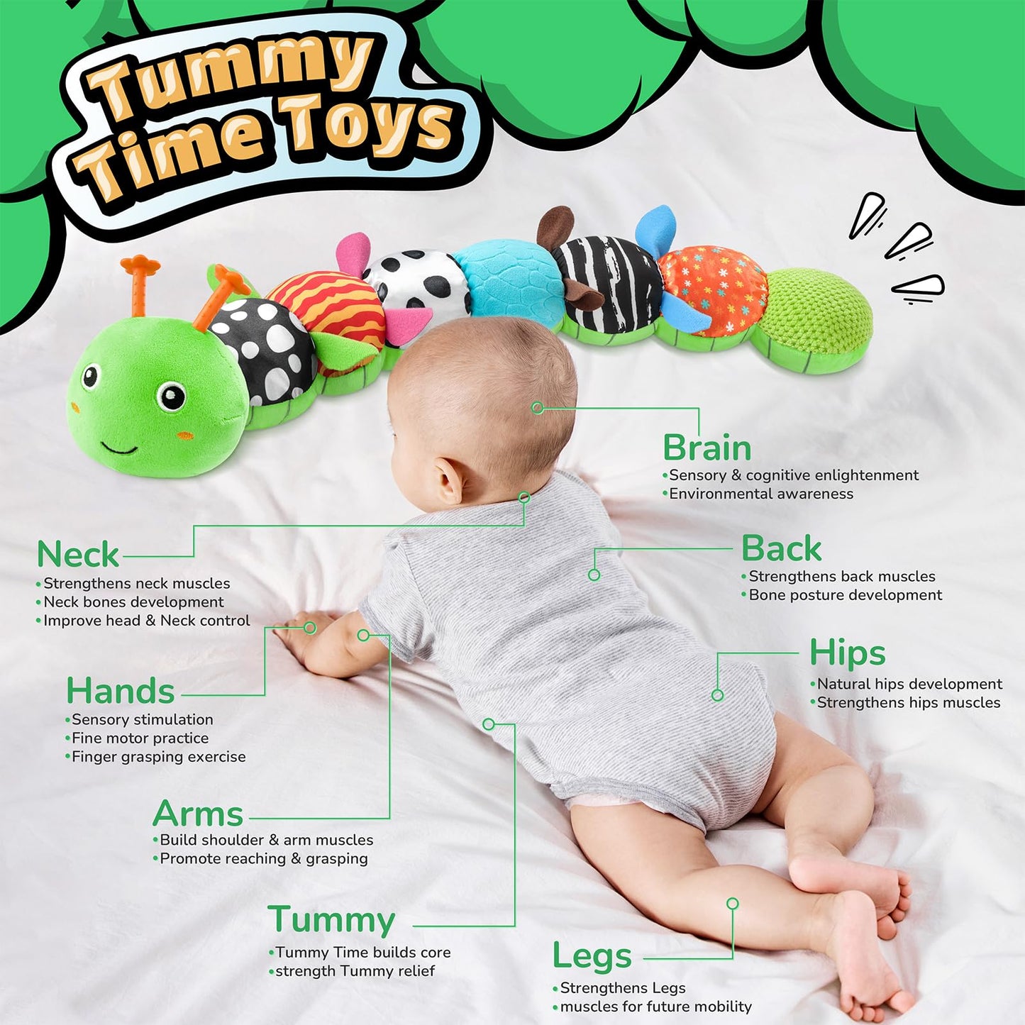 LIGHTDESIRE Baby Toys 6-12 Months Musical Caterpillar – 6-in-1 Sensory Plush Toy with Ruler, Crinkle & Ring Bell