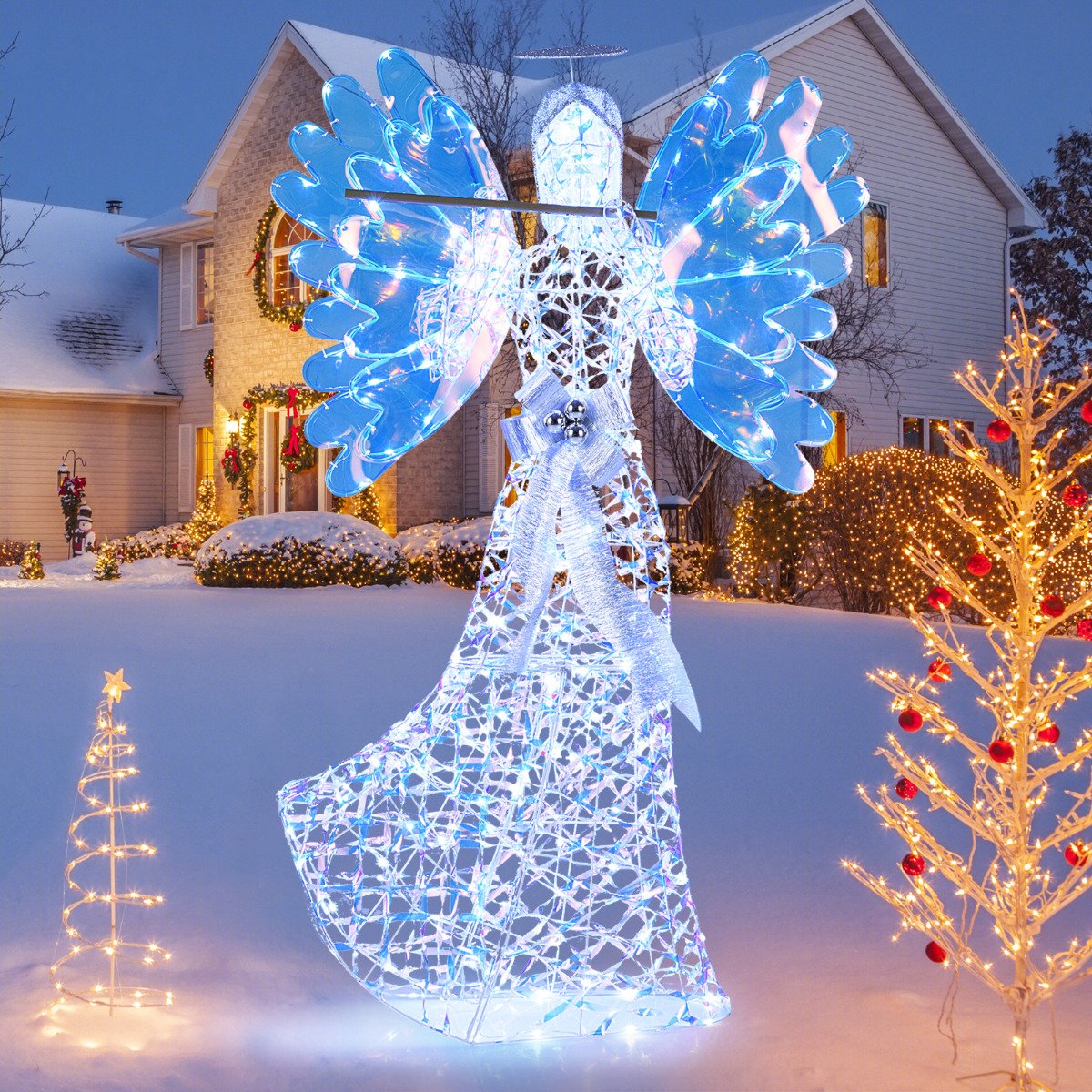 Lighted Angel Christmas Decoration with Flute and 250 LED Lights