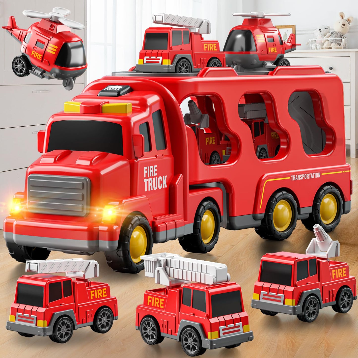 JUKUDAHU 5-in-1 Fire Carrier Truck Toy Set for Kids 3-9