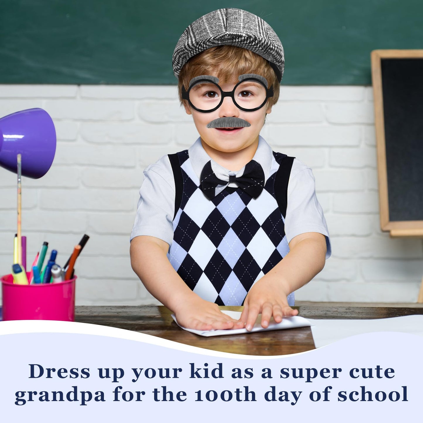 Liitrsh 8 Pcs Old Man Costume for Kids – Grandpa Costume for 100 Days of School & Halloween (Blue Grey Plaid)