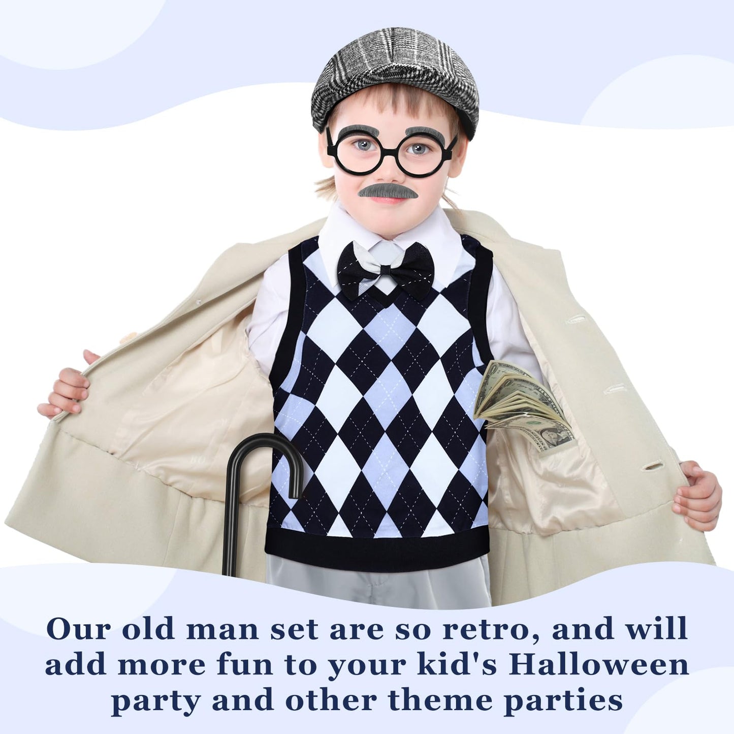 Liitrsh 8 Pcs Old Man Costume for Kids – Grandpa Costume for 100 Days of School & Halloween (Blue Grey Plaid)