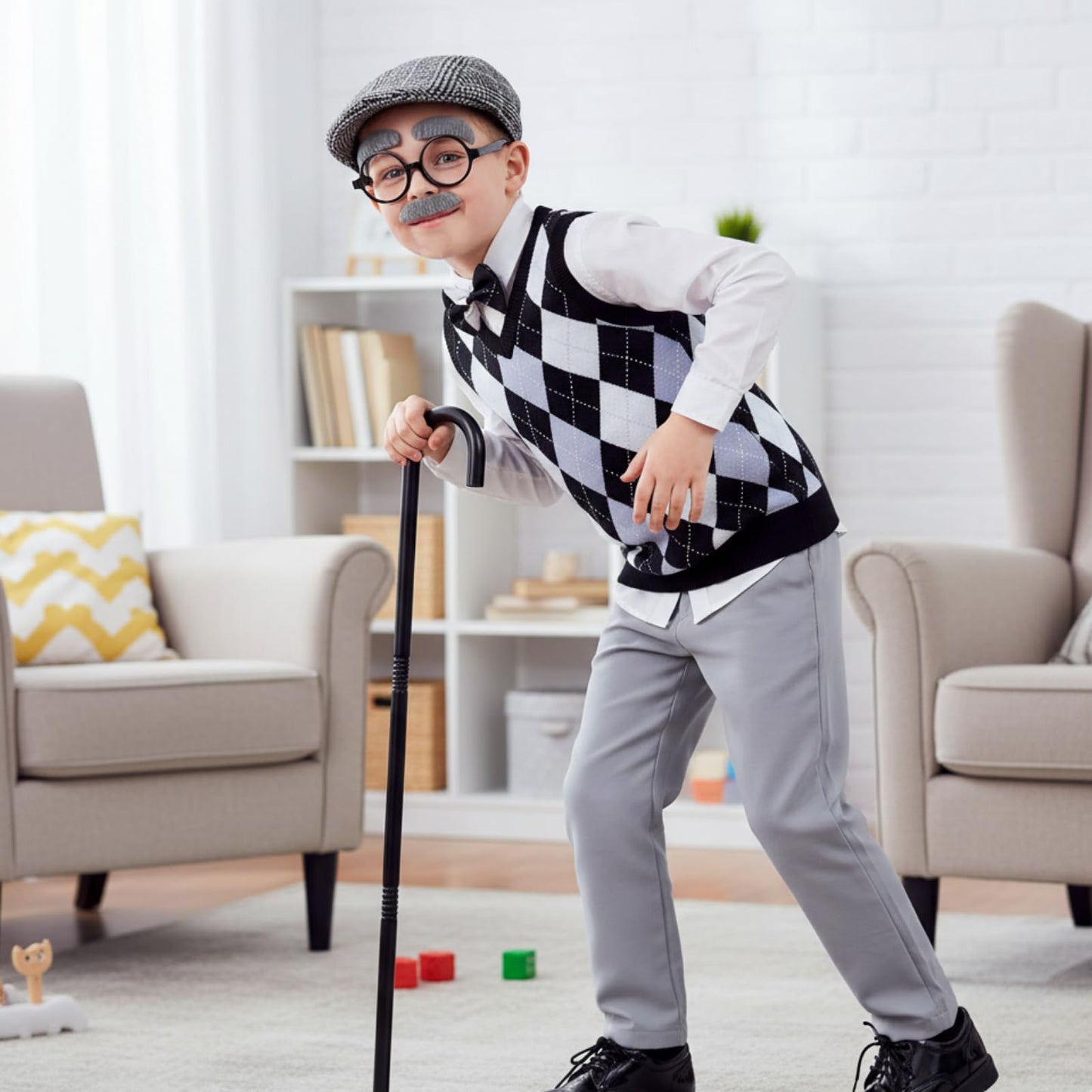 Liitrsh 8 Pcs Old Man Costume for Kids – Grandpa Costume for 100 Days of School & Halloween (Blue Grey Plaid)