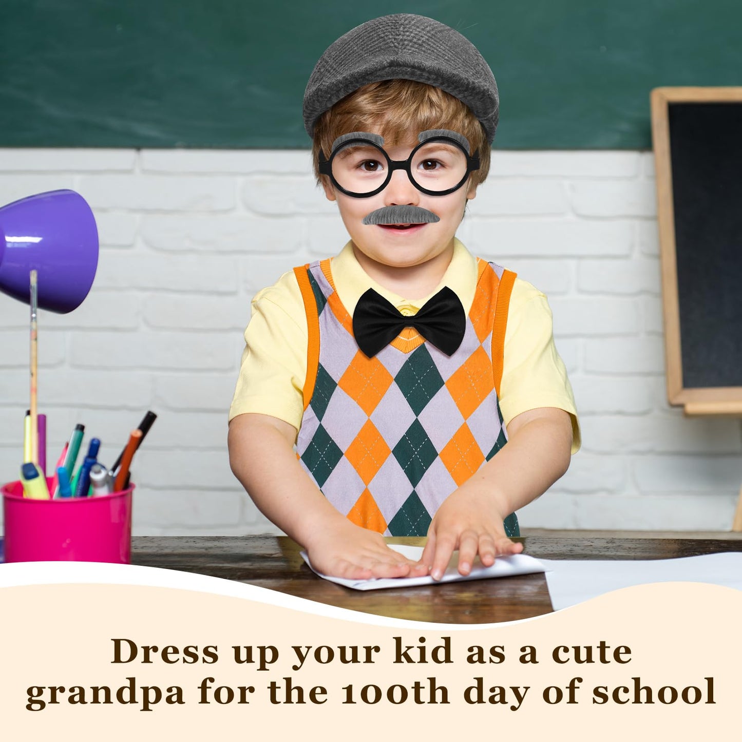 Liitrsh 8 Pcs Old Man Costume for Kids — Grandpa Outfit for 100 Days of School & Halloween (11-13, Yellow Green Plaid)