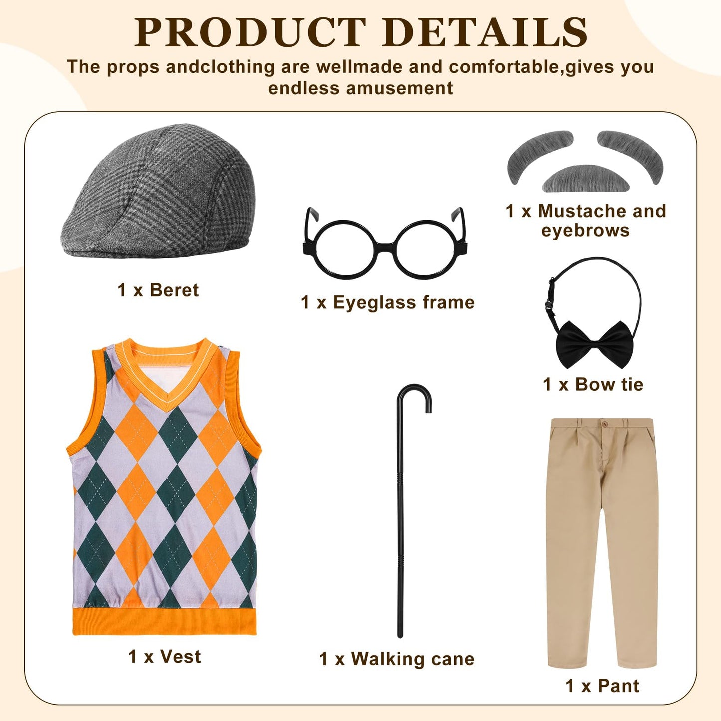 Liitrsh 8 Pcs Old Man Costume for Kids — Grandpa Outfit for 100 Days of School & Halloween (11-13, Yellow Green Plaid)