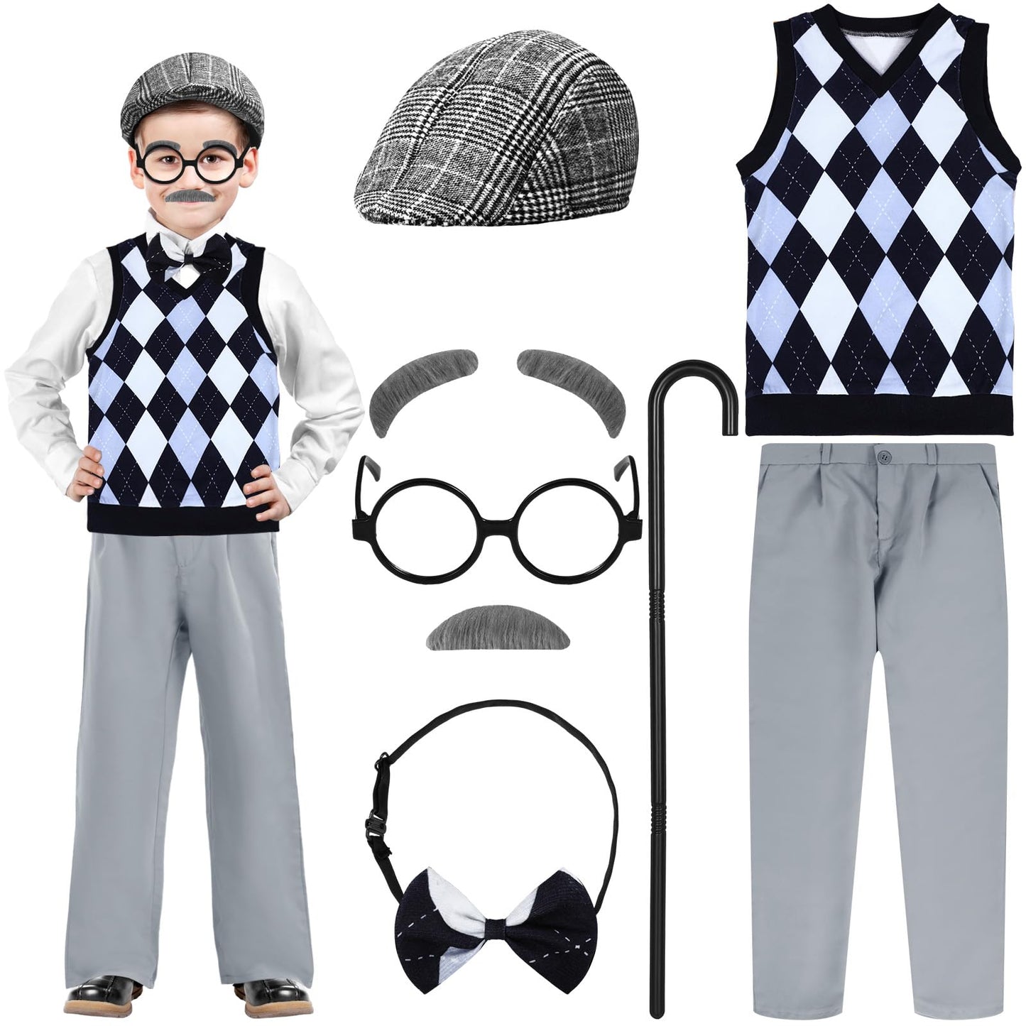 Liitrsh 8 Pcs Old Man Costume for Kids – Grandpa Costume for 100 Days of School & Halloween (Blue Grey Plaid)
