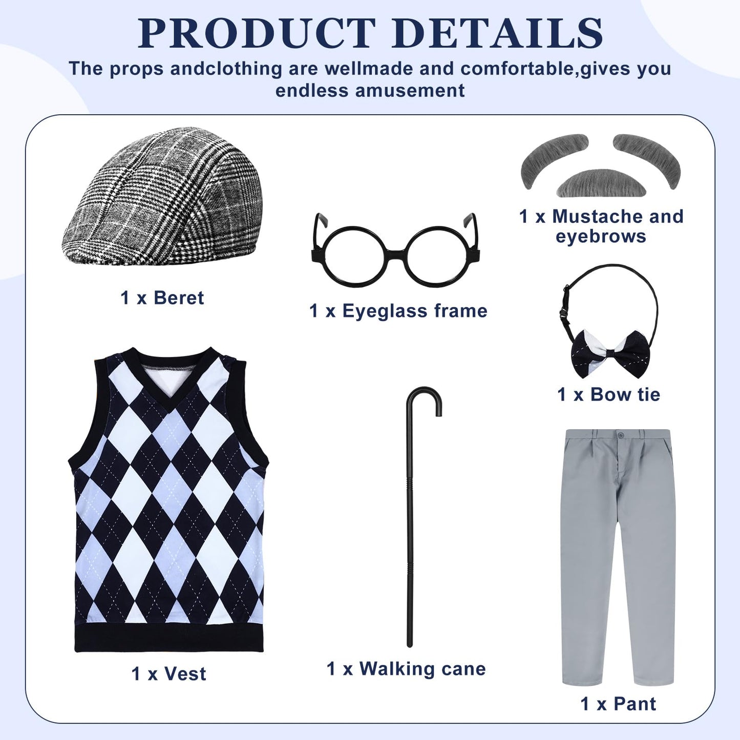 Liitrsh 8 Pcs Old Man Costume for Kids – Grandpa Costume for 100 Days of School & Halloween (Blue Grey Plaid)