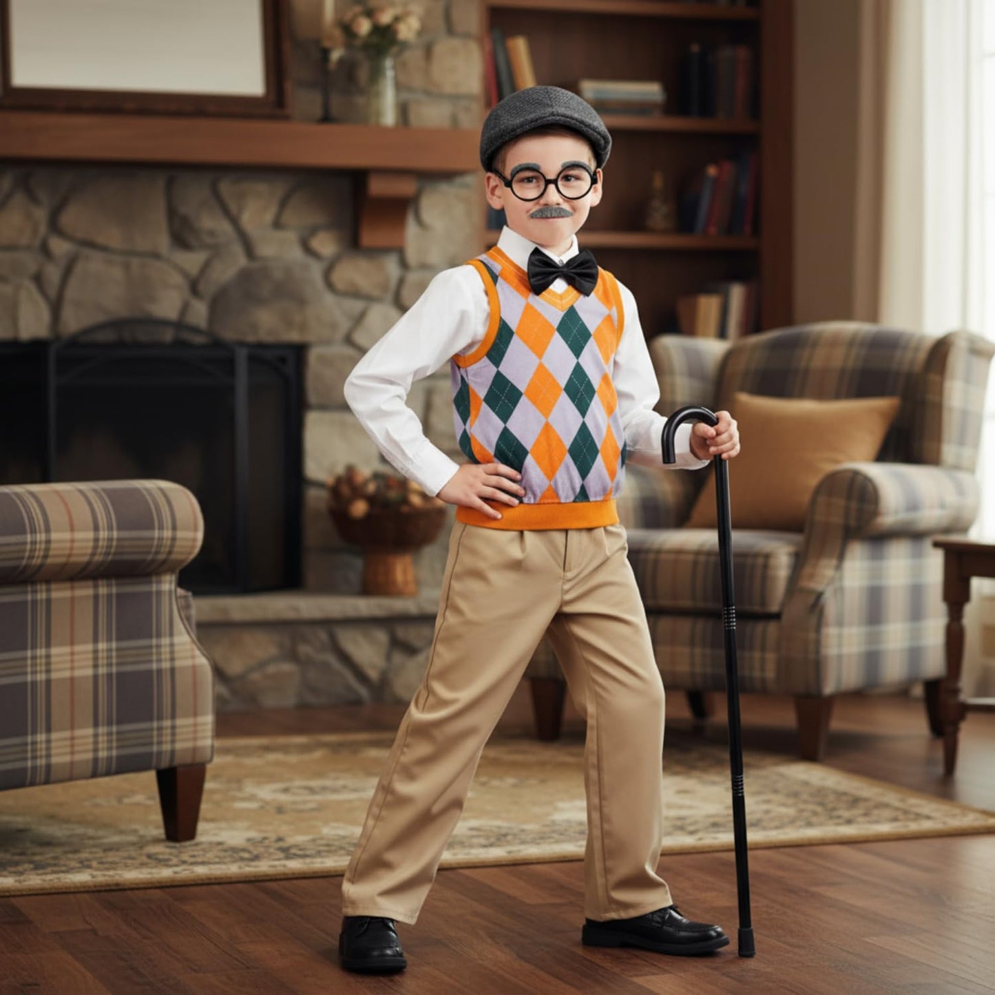 Liitrsh 8 Pcs Old Man Costume for Kids — Grandpa Outfit for 100 Days of School & Halloween (11-13, Yellow Green Plaid)