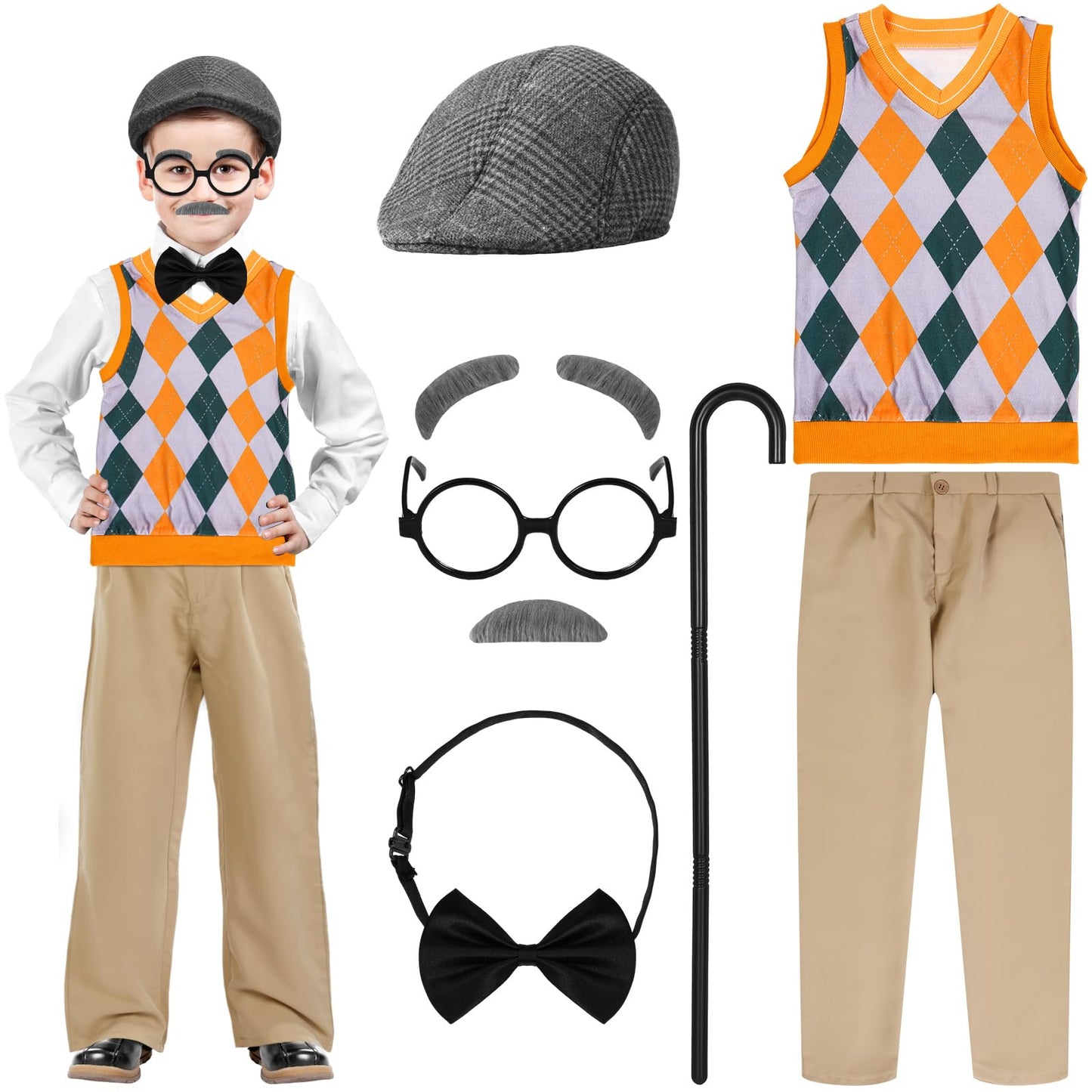 Liitrsh 8 Pcs Old Man Costume for Kids — Grandpa Outfit for 100 Days of School & Halloween (11-13, Yellow Green Plaid)