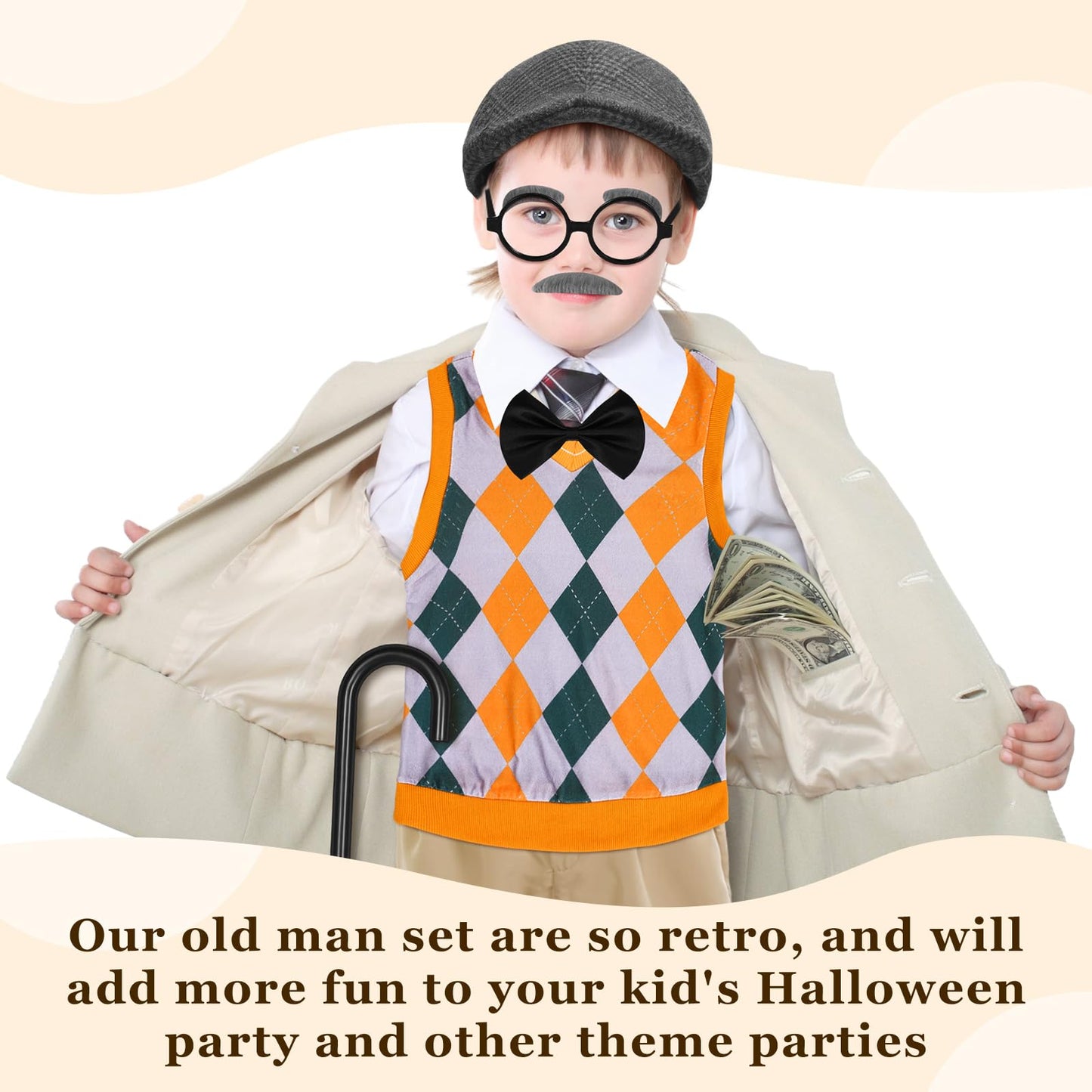 Liitrsh 8 Pcs Old Man Costume for Kids — Grandpa Outfit for 100 Days of School & Halloween (11-13, Yellow Green Plaid)