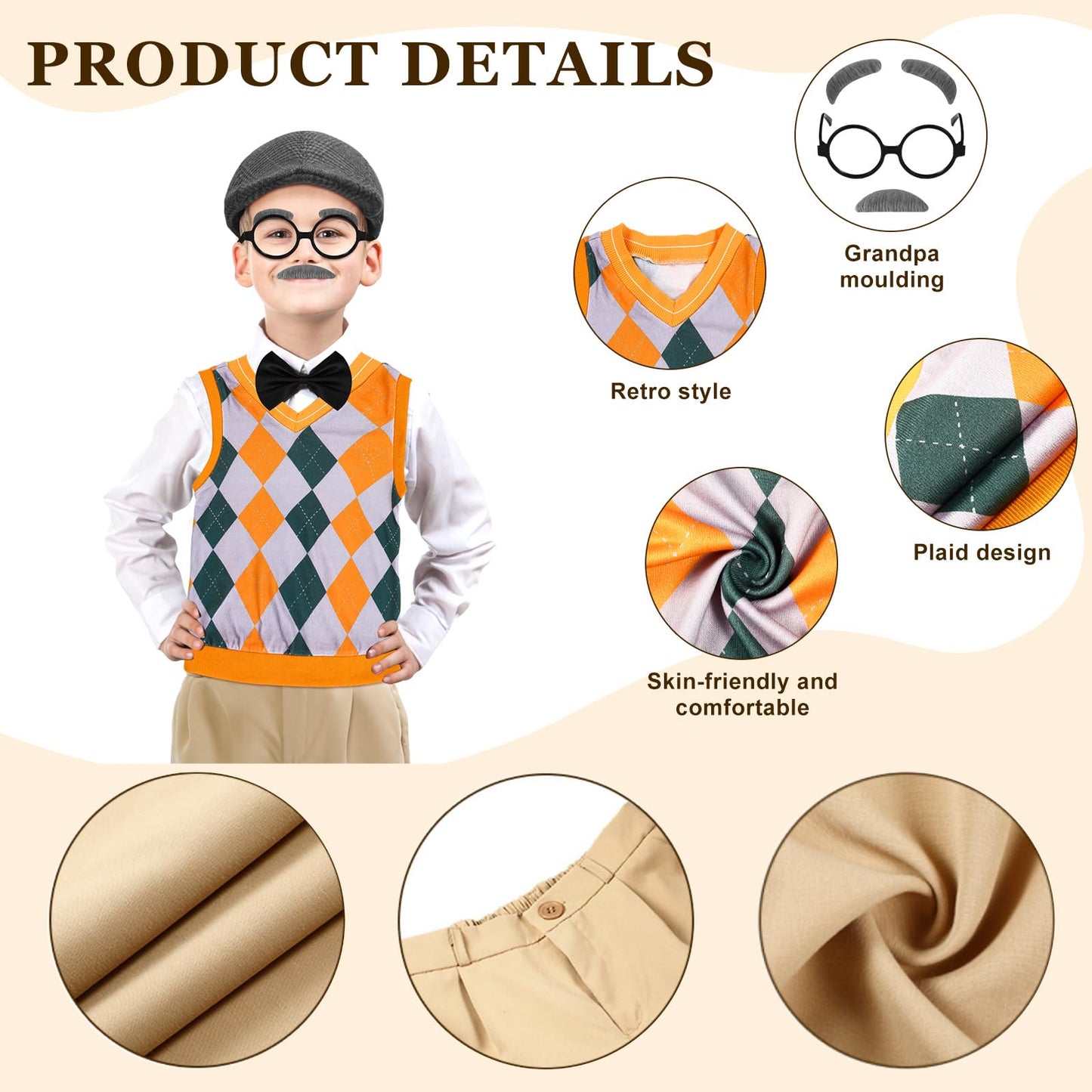 Liitrsh 8 Pcs Old Man Costume for Kids — Grandpa Outfit for 100 Days of School & Halloween (11-13, Yellow Green Plaid)