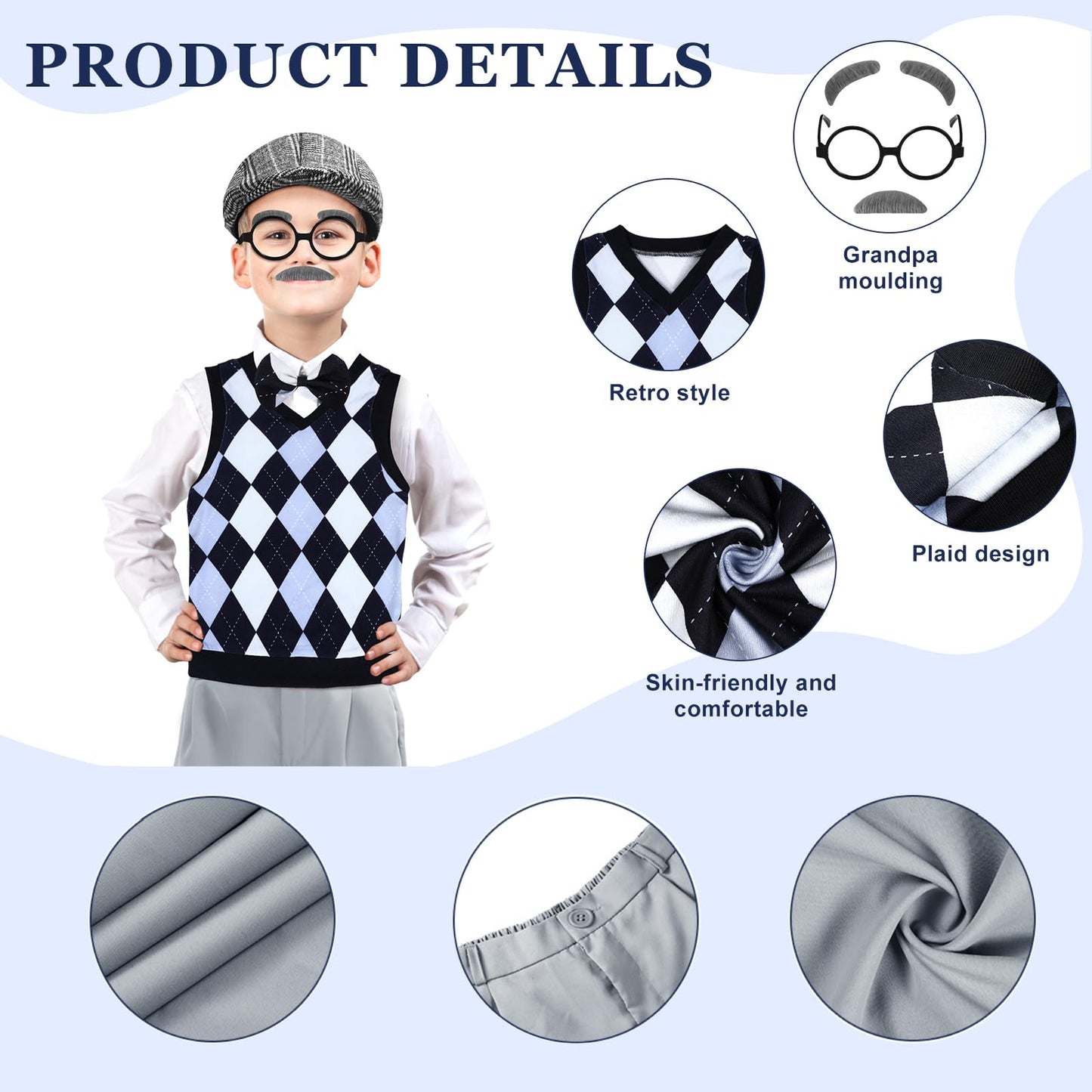 Liitrsh 8 Pcs Old Man Costume for Kids – Grandpa Costume for 100 Days of School & Halloween (Blue Grey Plaid)
