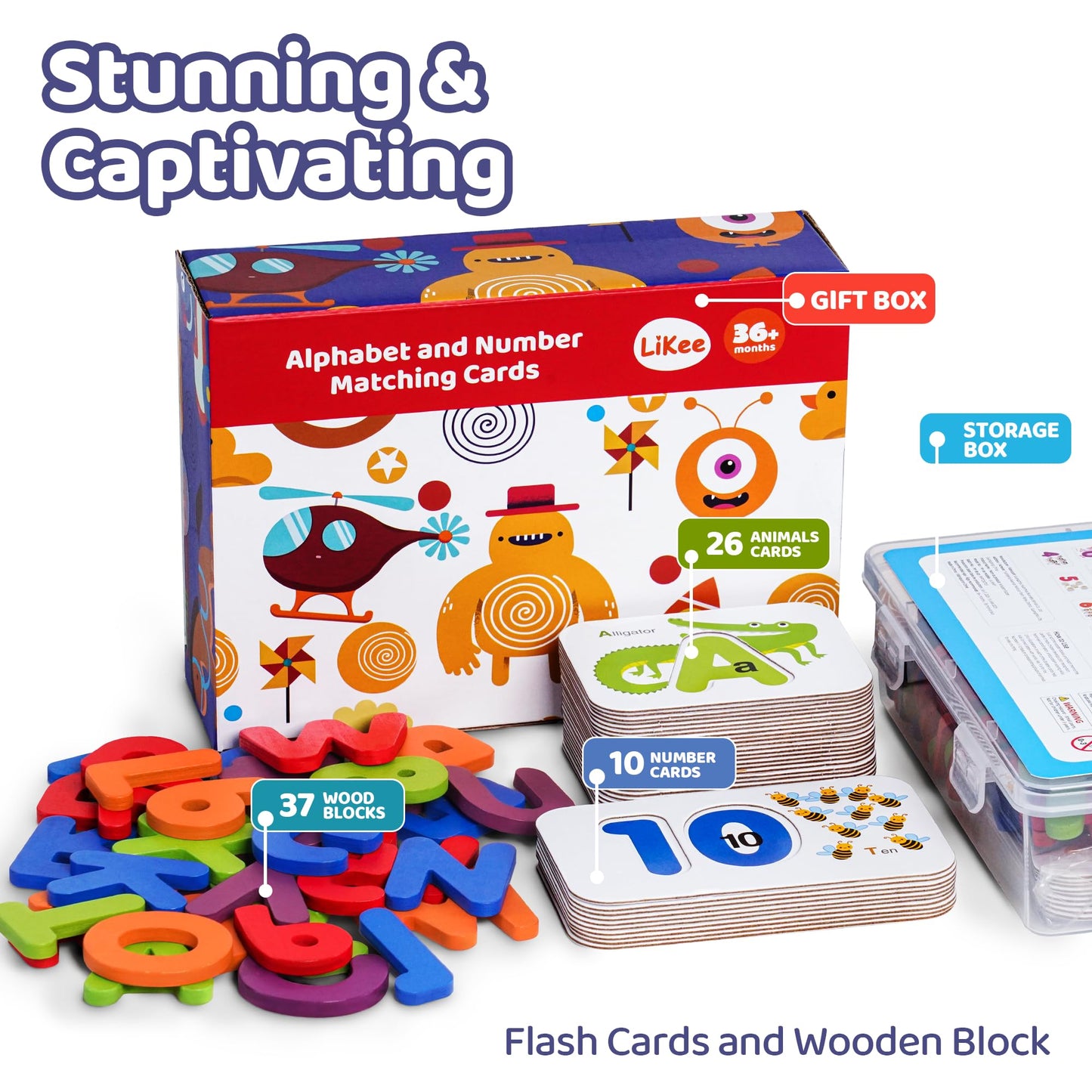 LiKee Alphabet Flash Cards – Wooden Letter Puzzle & Counting Board for ABC, Sight Words | Montessori Toys (36 Cards, 37 Wood Pieces)